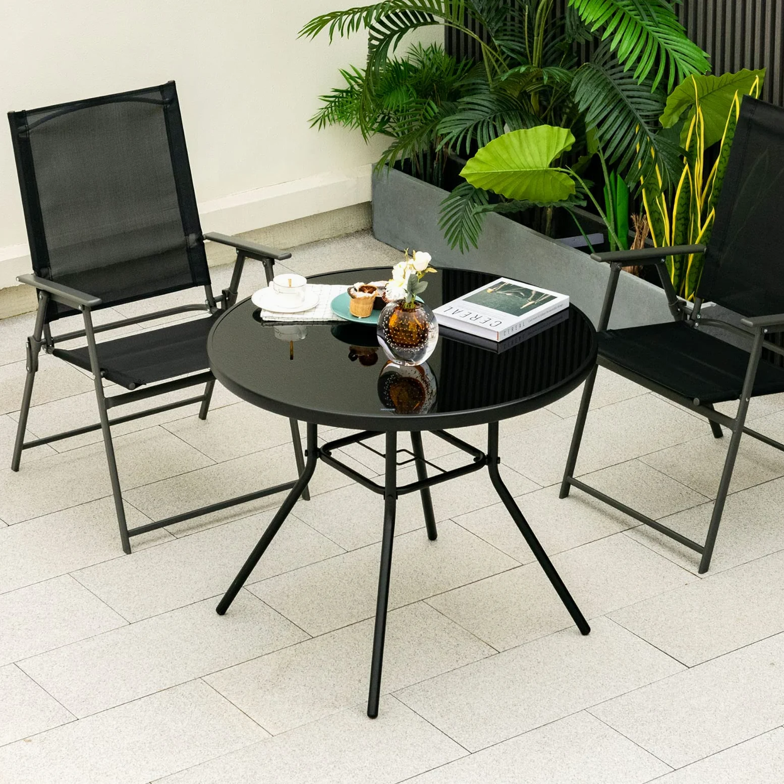 GIANTEX Table Bistrot 86 cm, Table à Manger de Jardin avec Trou pour Parasol de 3,5 cm, Plateau en Verre Sérigraphié, Cadre en Métal, Table d'Appoint Ronde, pour Jardin, Terrasse, Noir