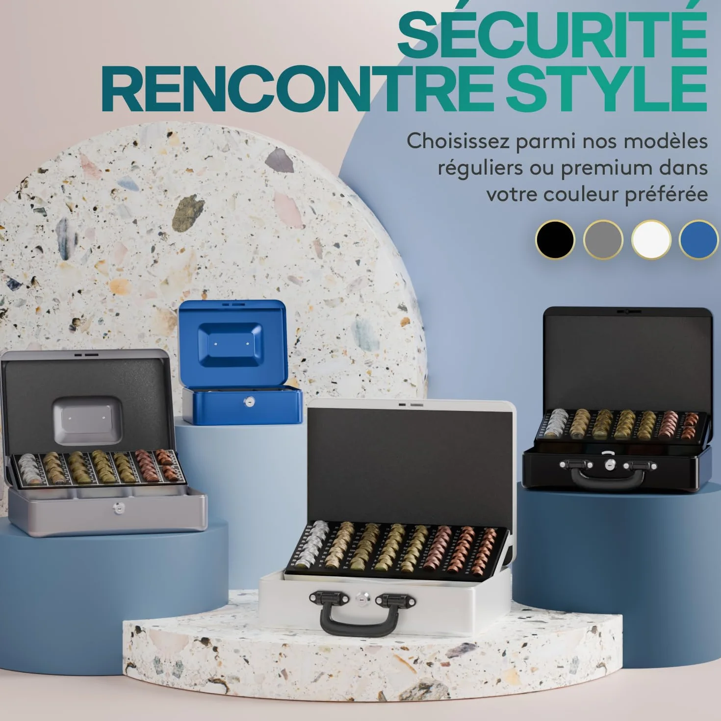 ACROPAQ Caisse monnaie grande professionelle avec monnayeur et 2 clés, Bleu