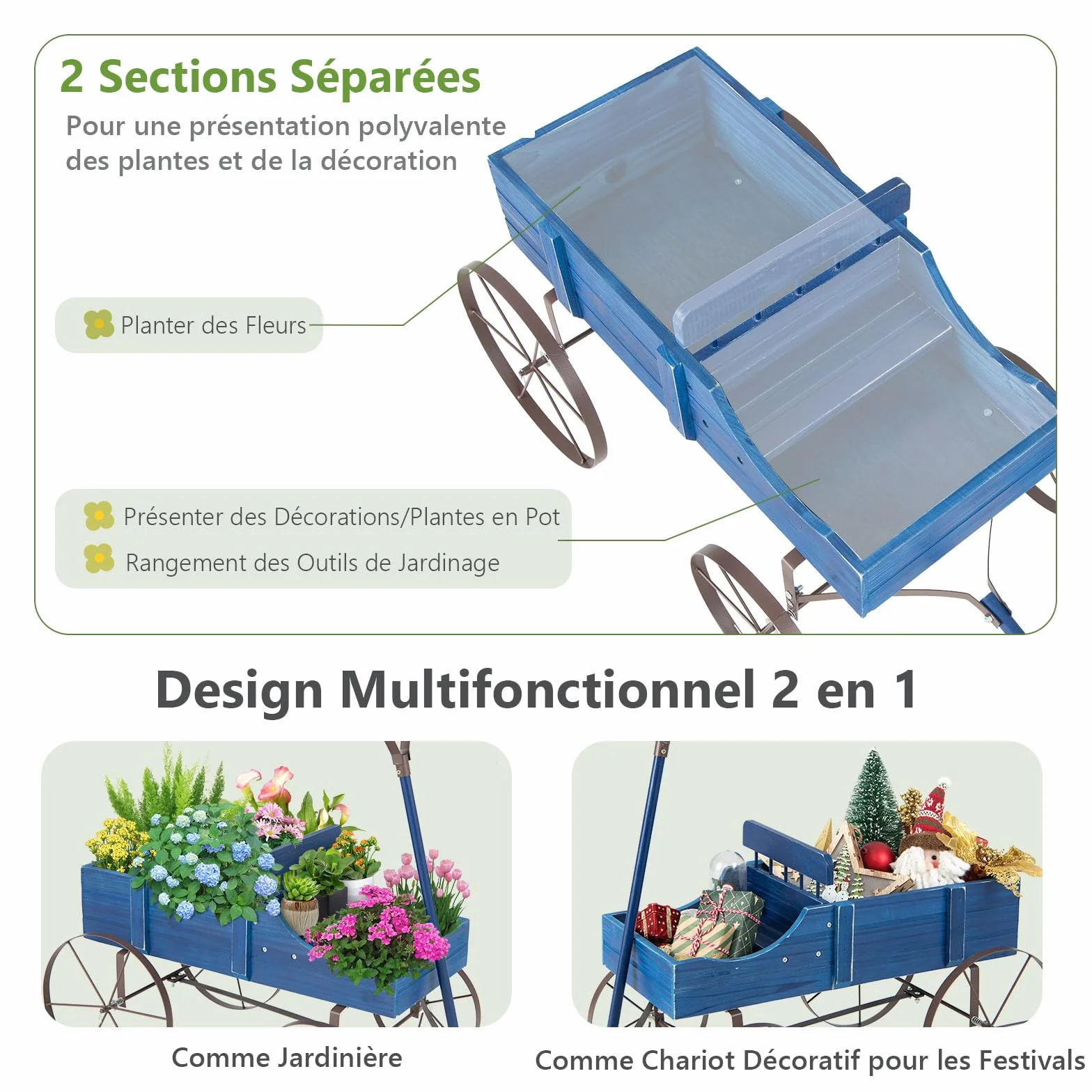 Jardinière Forme Brouette GOPLUS en Bois avec Roues Métal 4 Roues 2 Bacs Plantation 15kg 35x62,5x60cm Bleu