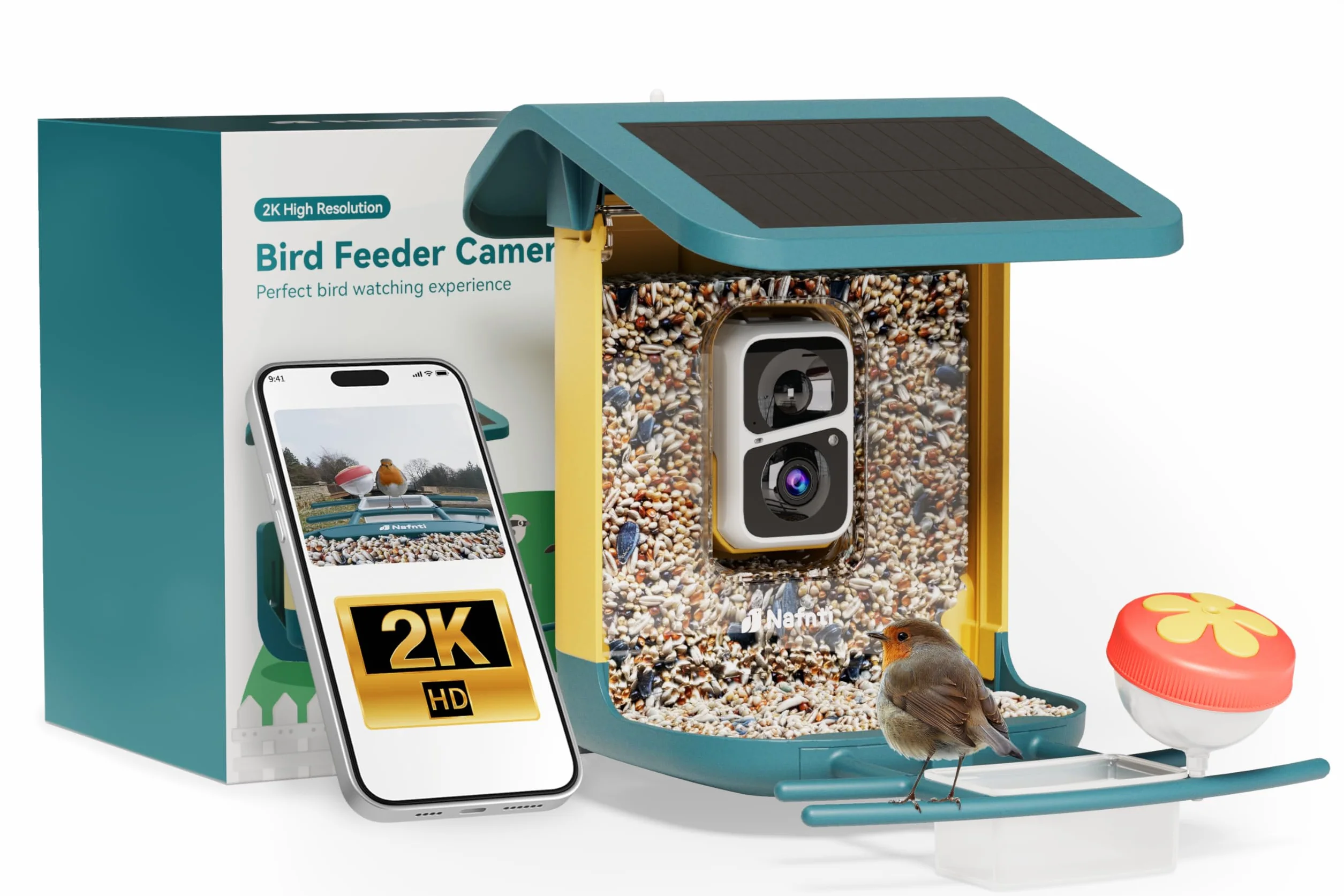 Mangeoire à Oiseaux Caméra 2K Solaire WiFi 2,4/5 GHz Vision Nocturne Couleur Identification IA 10 000 Espèces IP65