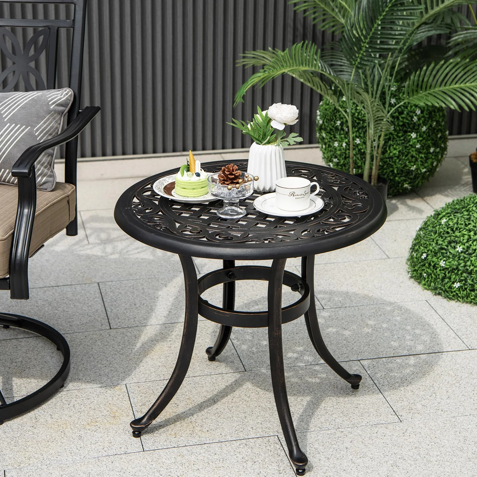 GIANTEX Table de Jardin Fonte d'Aluminium Ronde Bistrot Coussinets Réglables Bronze Antique