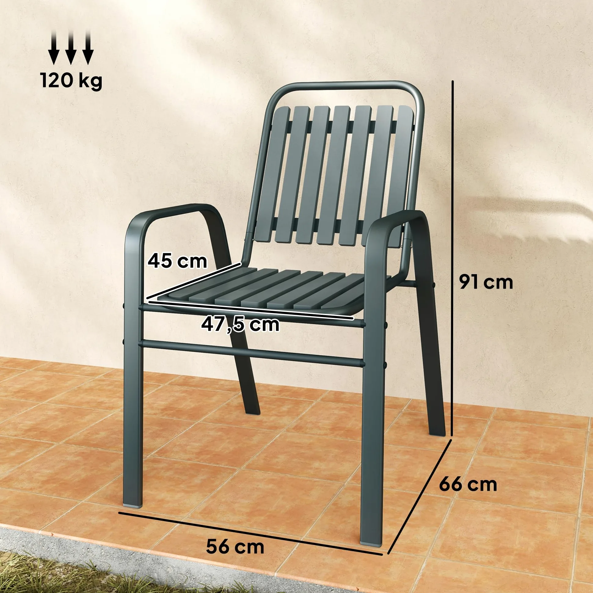 Outsunny Lot de 4 chaises de Jardin chaises empilables d'extérieur avec Haut Dossier et accoudoirs, Cadre en Acier pour Jardin, Piscine, terrasse, Gris