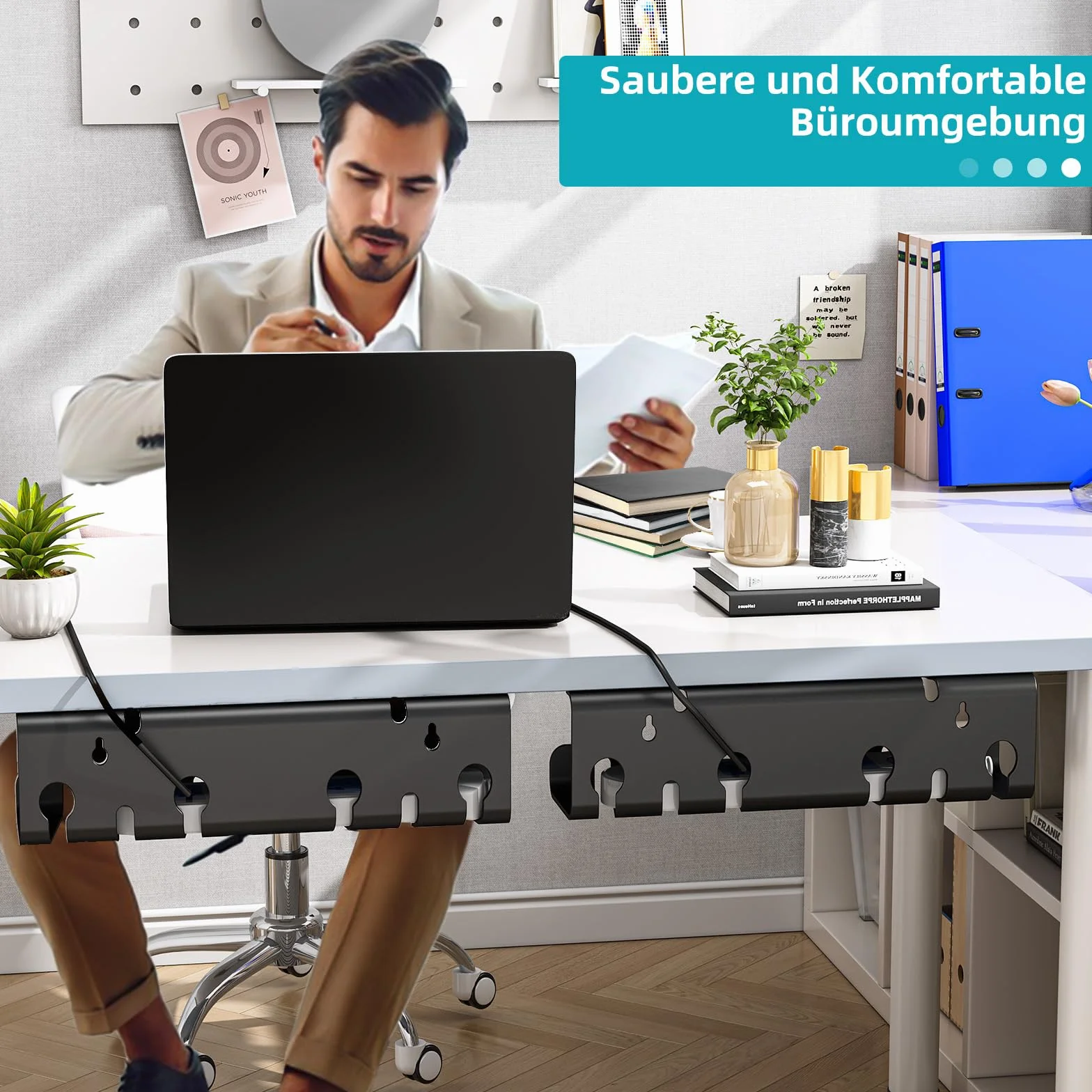 Goulotte de câbles en Acier Inoxydable Noir Lot de 2 Organiseurs de câbles Bureau avec Accessoires