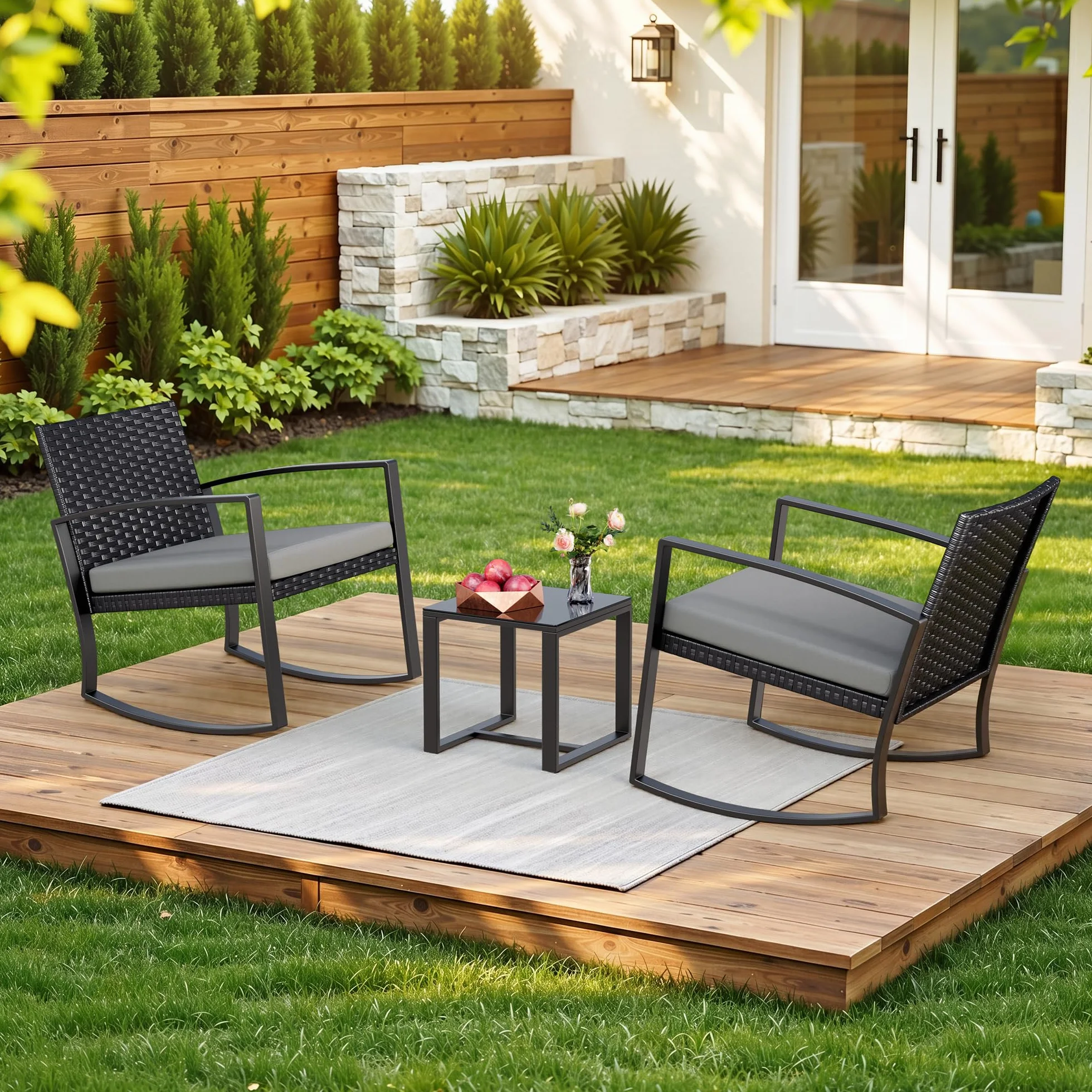 Ensemble de Meubles de Jardin 3 Pièces en Rotin avec Chaises à Bascule et Table Basse en Verre, Gris