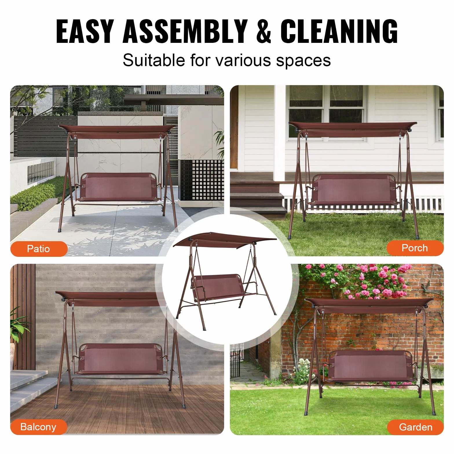 VEVOR Balancelle de terrasse pour 3 Personnes, balançoire avec auvent réglable de Porche, avec accoudoirs, Tissu Teslin, Cadre en Acier allié pour Balcon, Cour, Patio, Jardin, Bord de Piscine, Marron