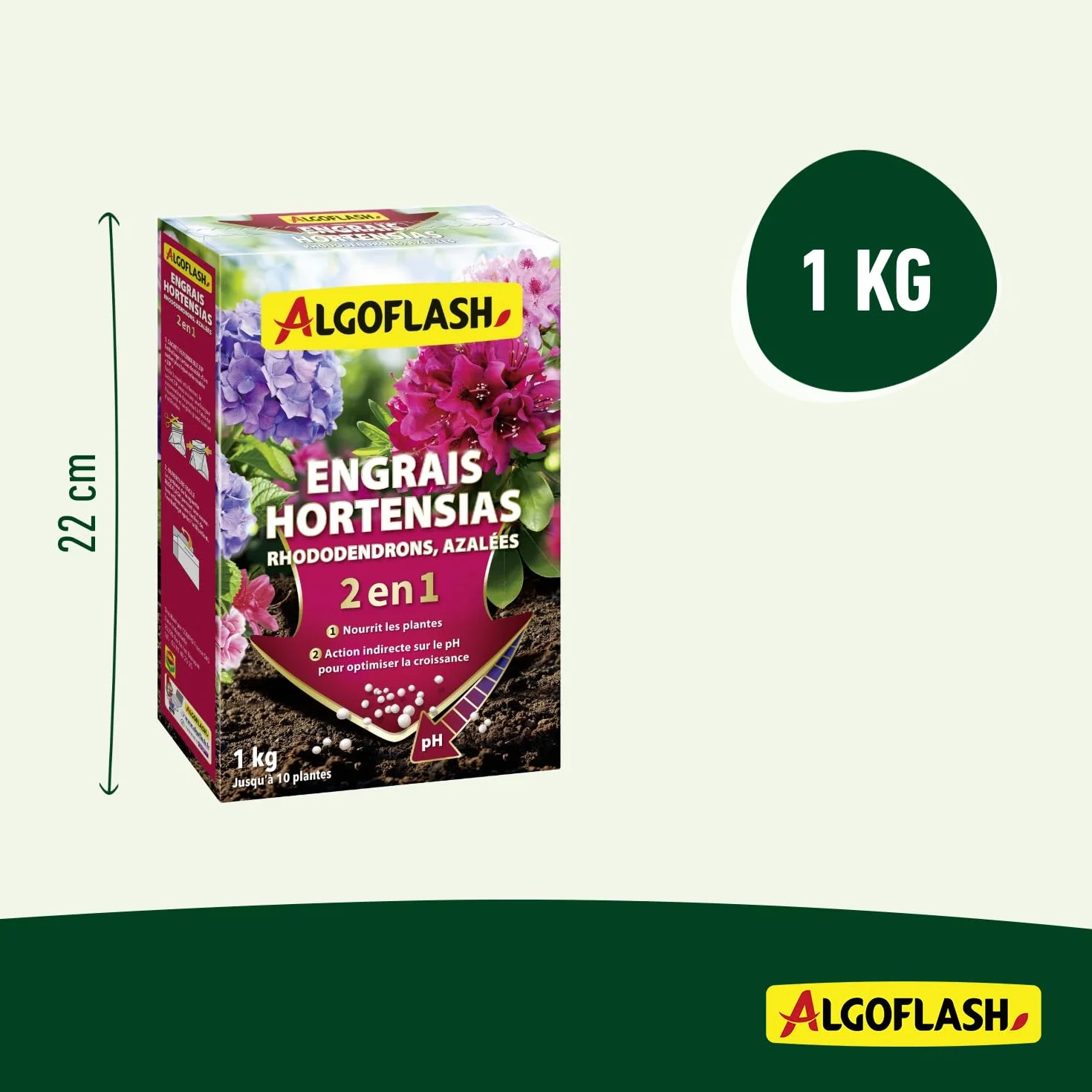 ALGOFLASH Engrais 2 en 1 pour Hortensias, Rhododendrons, Azalées Spécial pH, jusqu'à 10 Plantes, 1 kg, HORTOPH1N