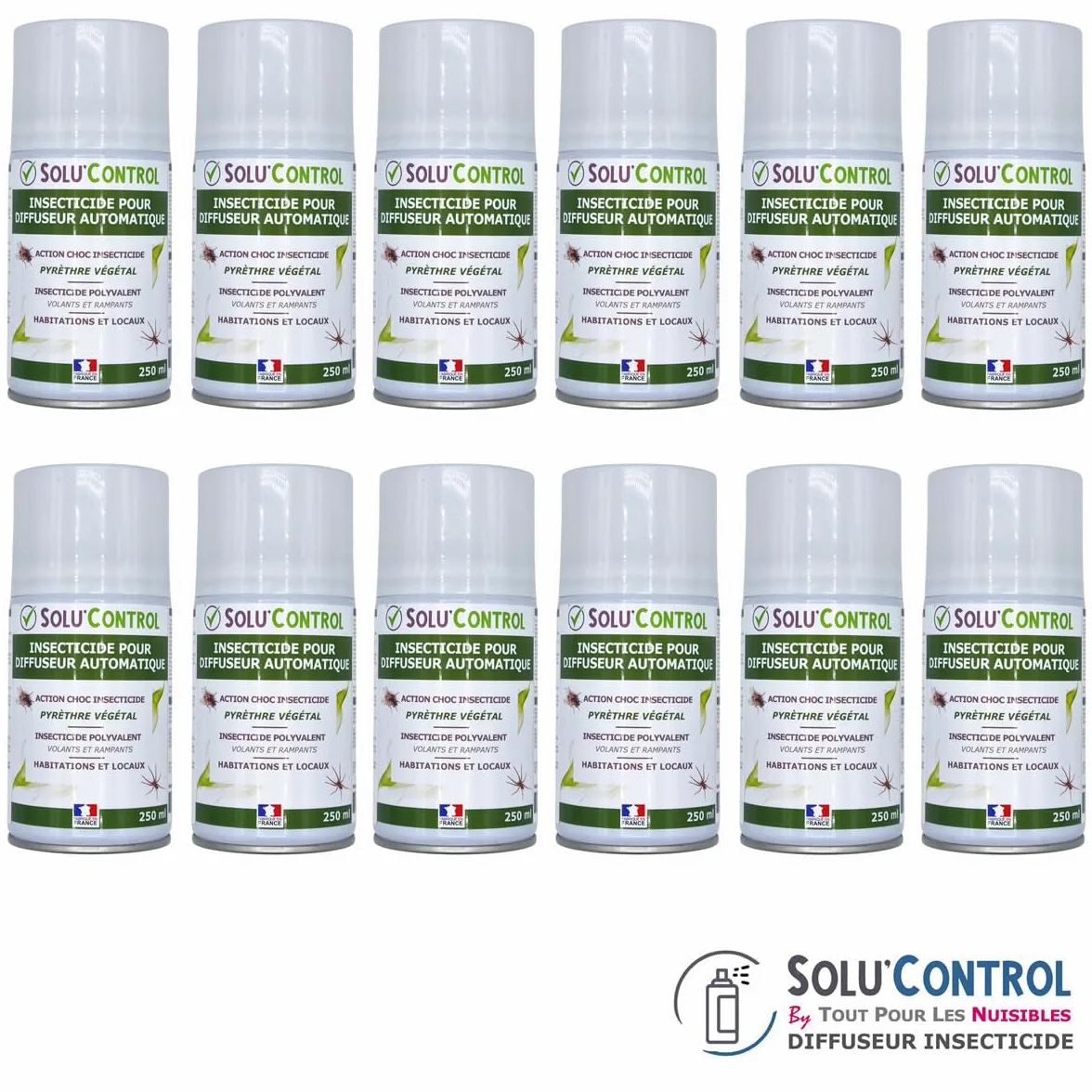 12 Aérosols Insecticide 250 ml au Pyrèthre Végétal - Compatible Diffuseur Automatique - Action Choc Contre Volants et Rampants