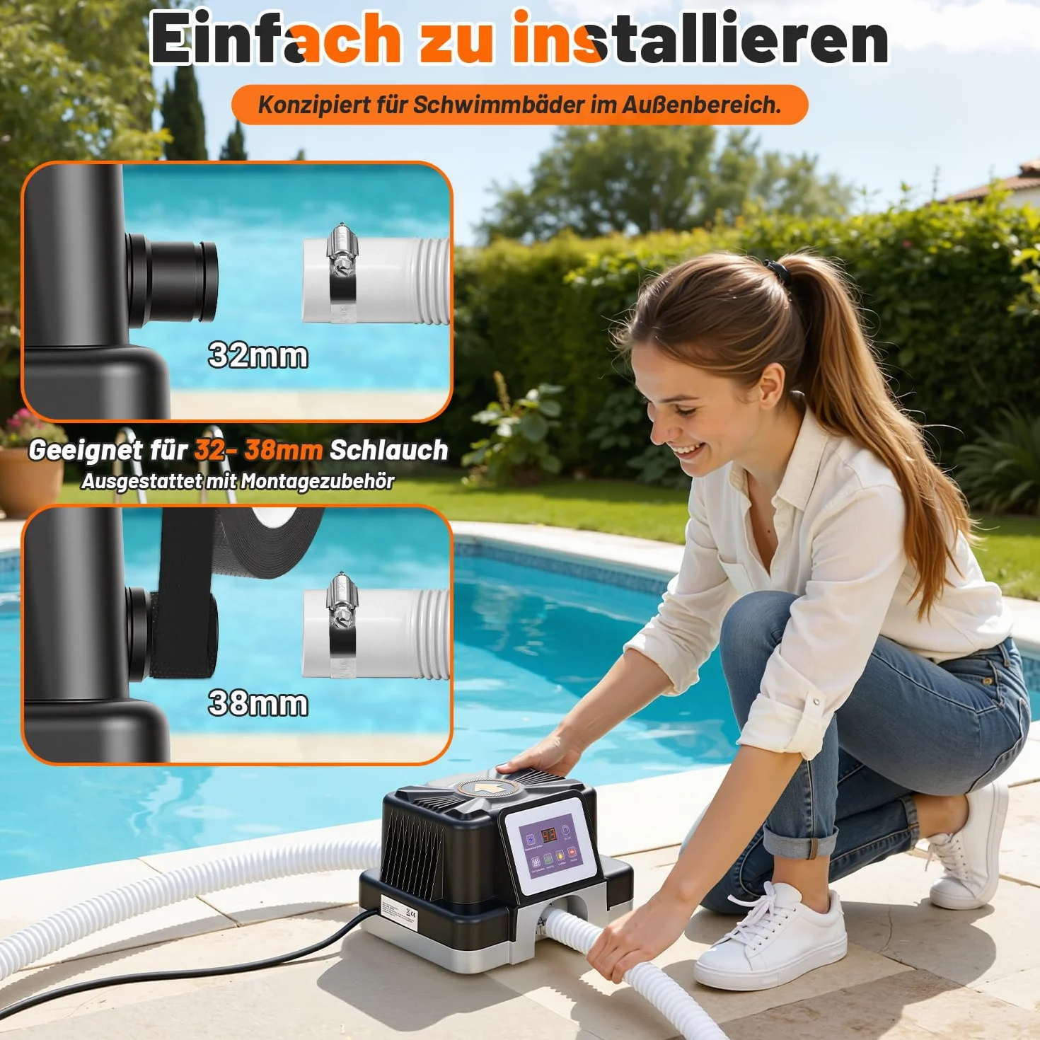 Chauffage électrique de piscine 3 kW avec affichage numérique, protection FI, anti-basculement, boîtier ignifuge, raccord 32-38 mm, 45 °C