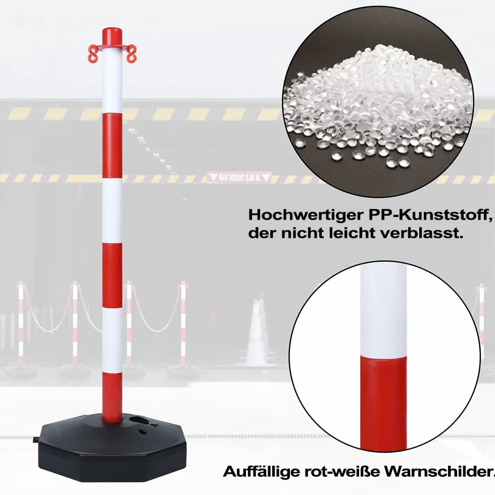 Poteau de chaîne, 4 poteaux d'arrêt avec chaînes 1,4 m, remplissage eau sable, plastique, avertissement parking