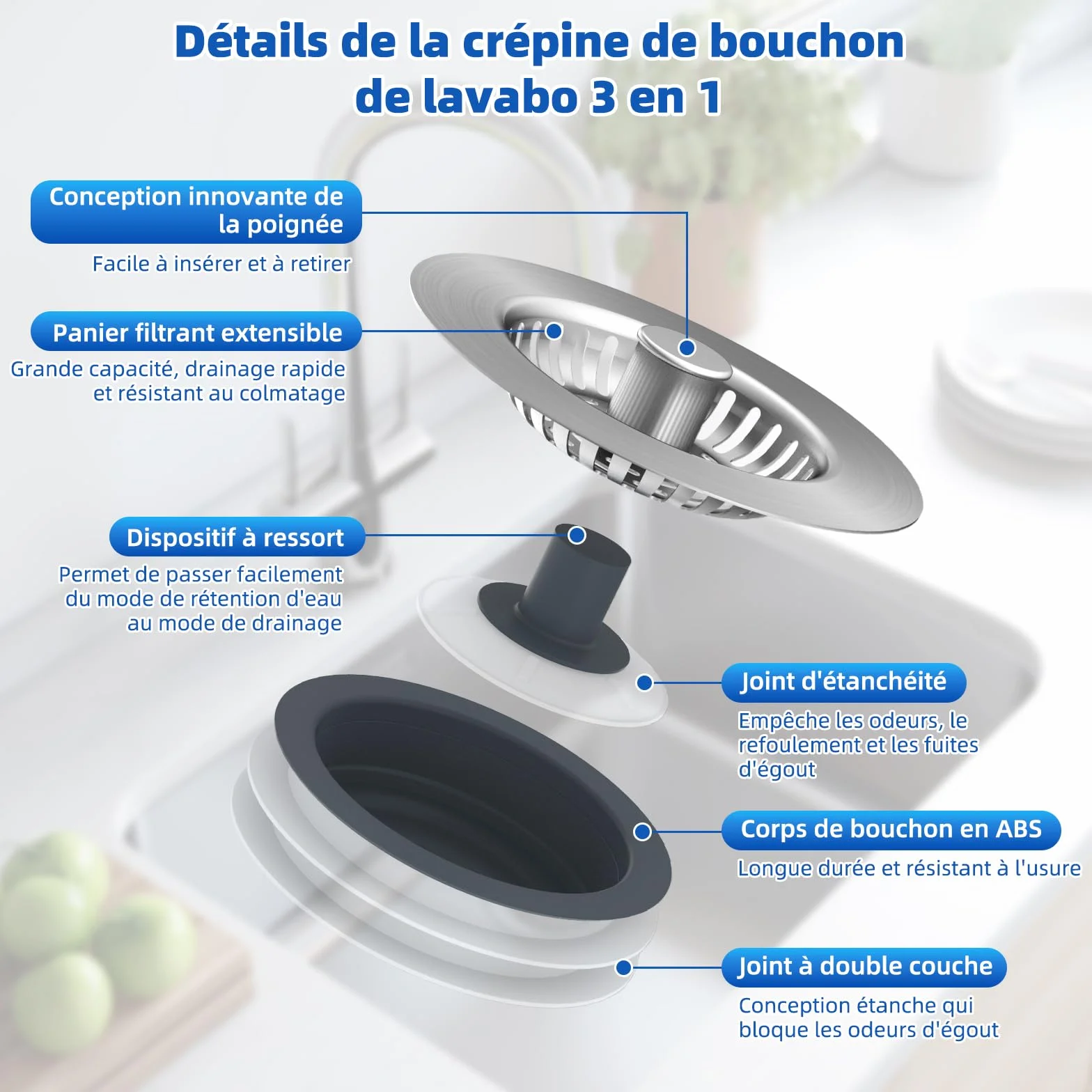 Hibbent Bouchons Évier Cuisine 3 en 1 Améliorés, Crépine Acier Inoxydable avec Base ABS, Double Joint Caoutchouc, Anti-Bouchage, Anti-Odeurs, Profondeur 28 mm, Nickel Brossé