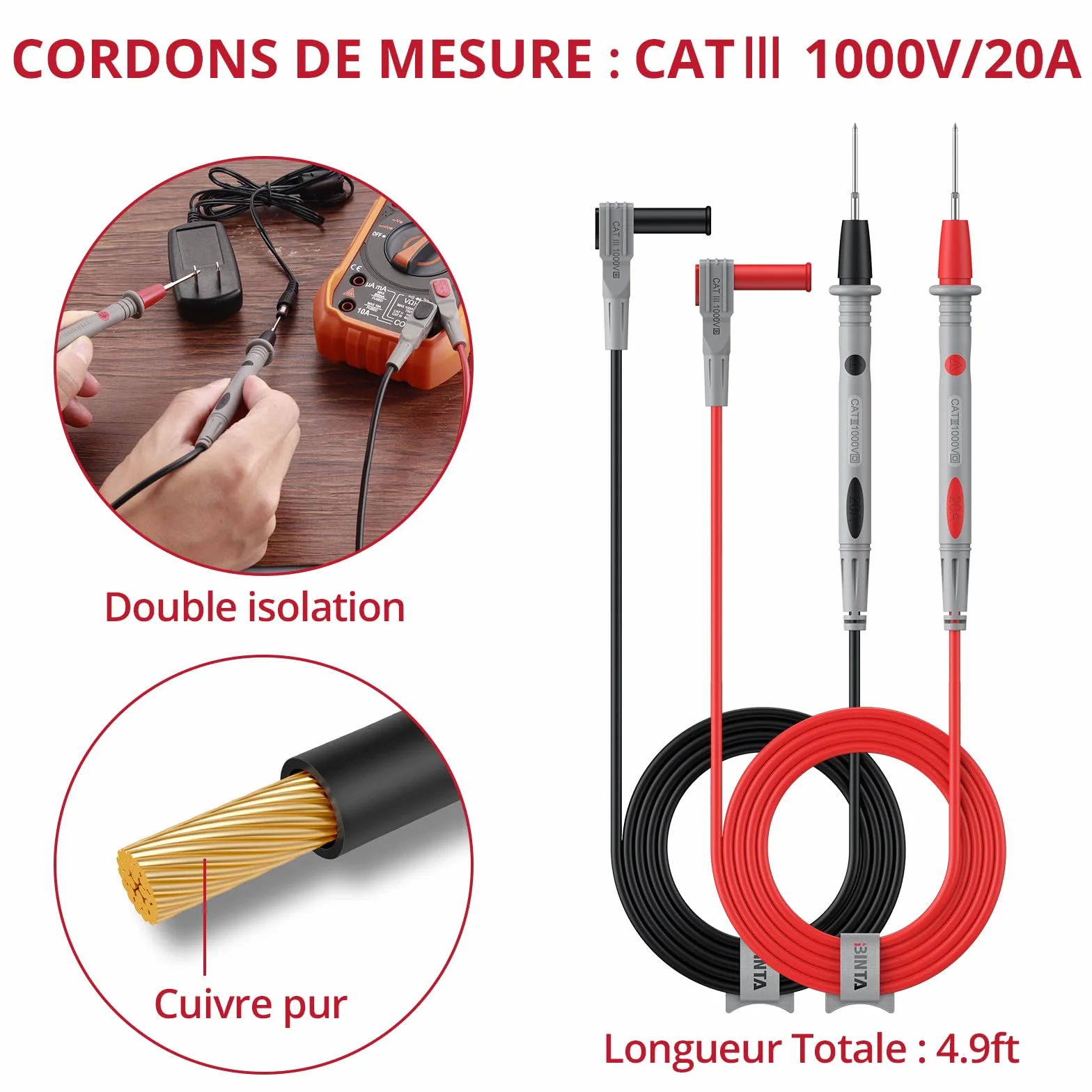 BINTA Câbles de Test Multimètre 25 PCS, Kit Fils Silicone CAT III 1000V 20A, Coffret
