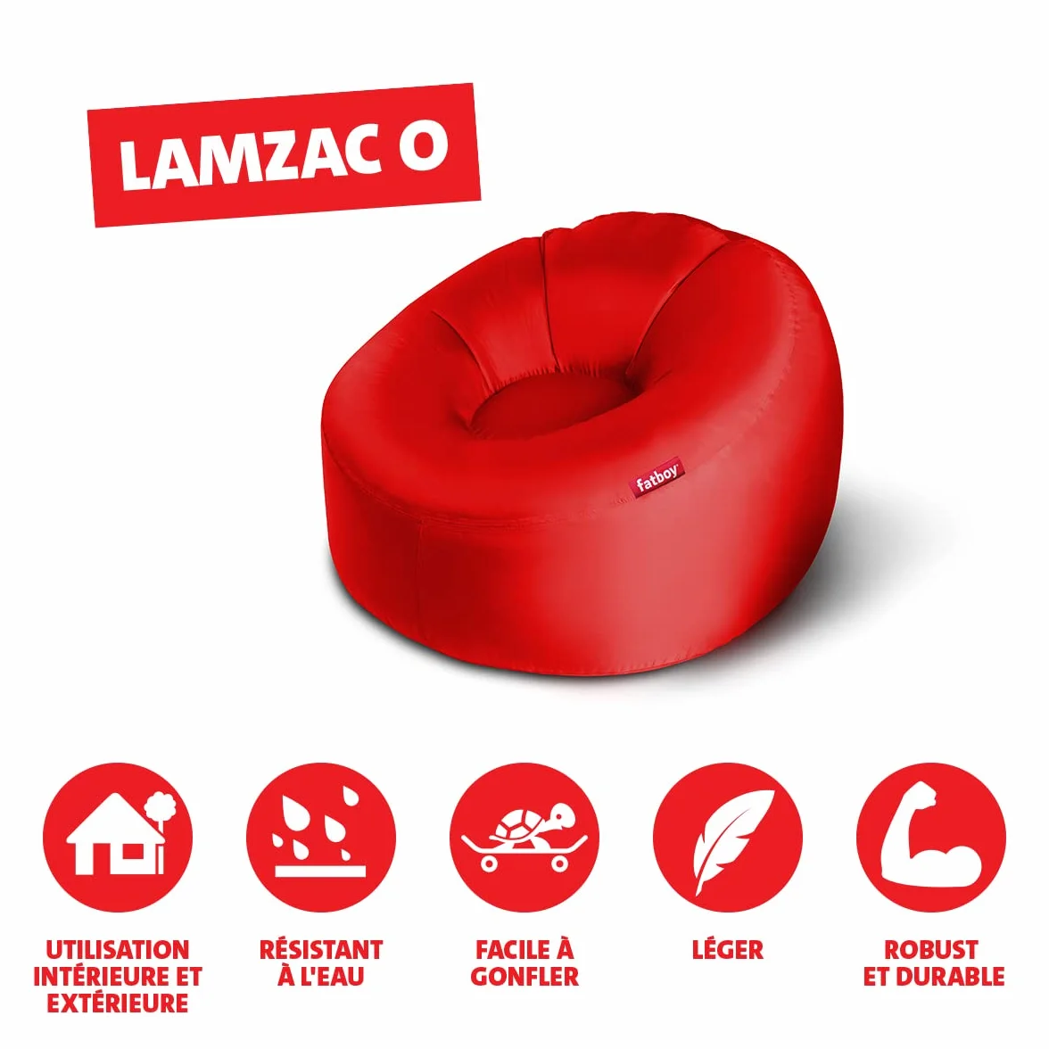 Fatboy Lamzac O Fauteuil Gonflable - Sofa Intérieur et Extérieur - Pas de Pompe Nécessaire - Fauteuil Salon Confortable Résistant à l'eau & aux Salissures - Polyester - 110 x 103 x 62 cm - Rouge