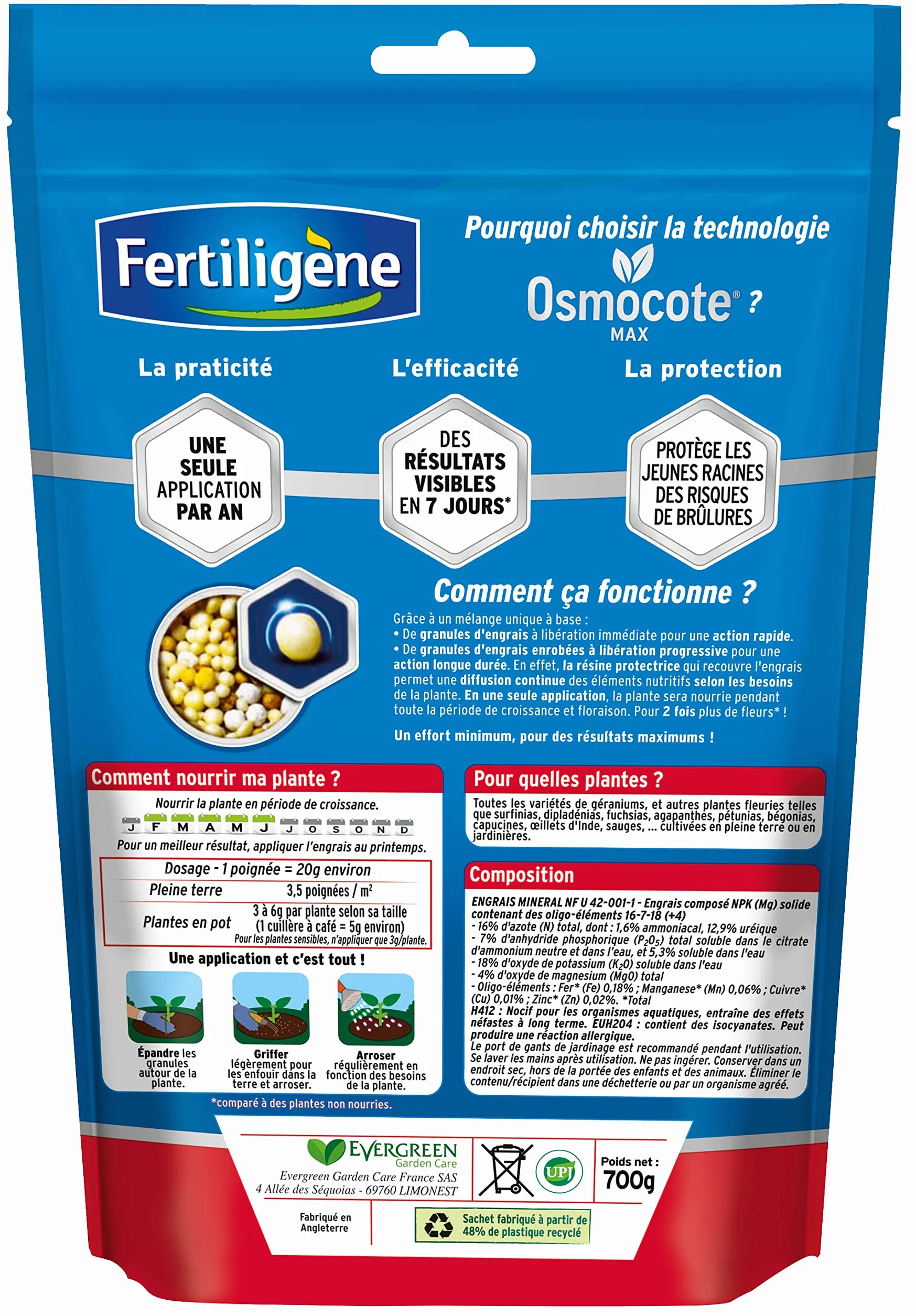 FERTILIGENE OSGERN - Engrais Granulés Longue Durée Osmocote Max Géranium, Dipladénias 700 g - Pratique, 1 seule application par an - Protège les racines - Résultats dès 1semaine - Pour 175 plantes