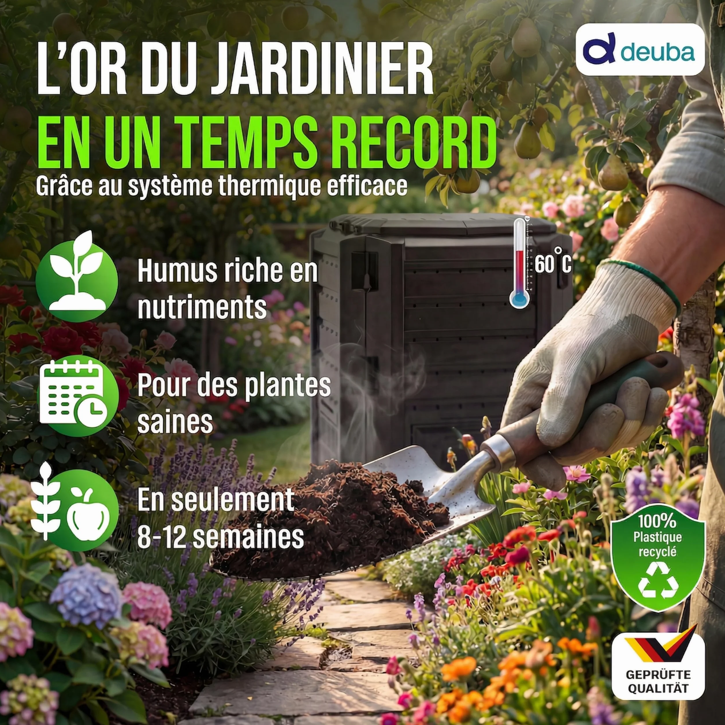 Composteur de Jardin 800 L Plastique Noir avec Couvercle et Trappe d'extraction