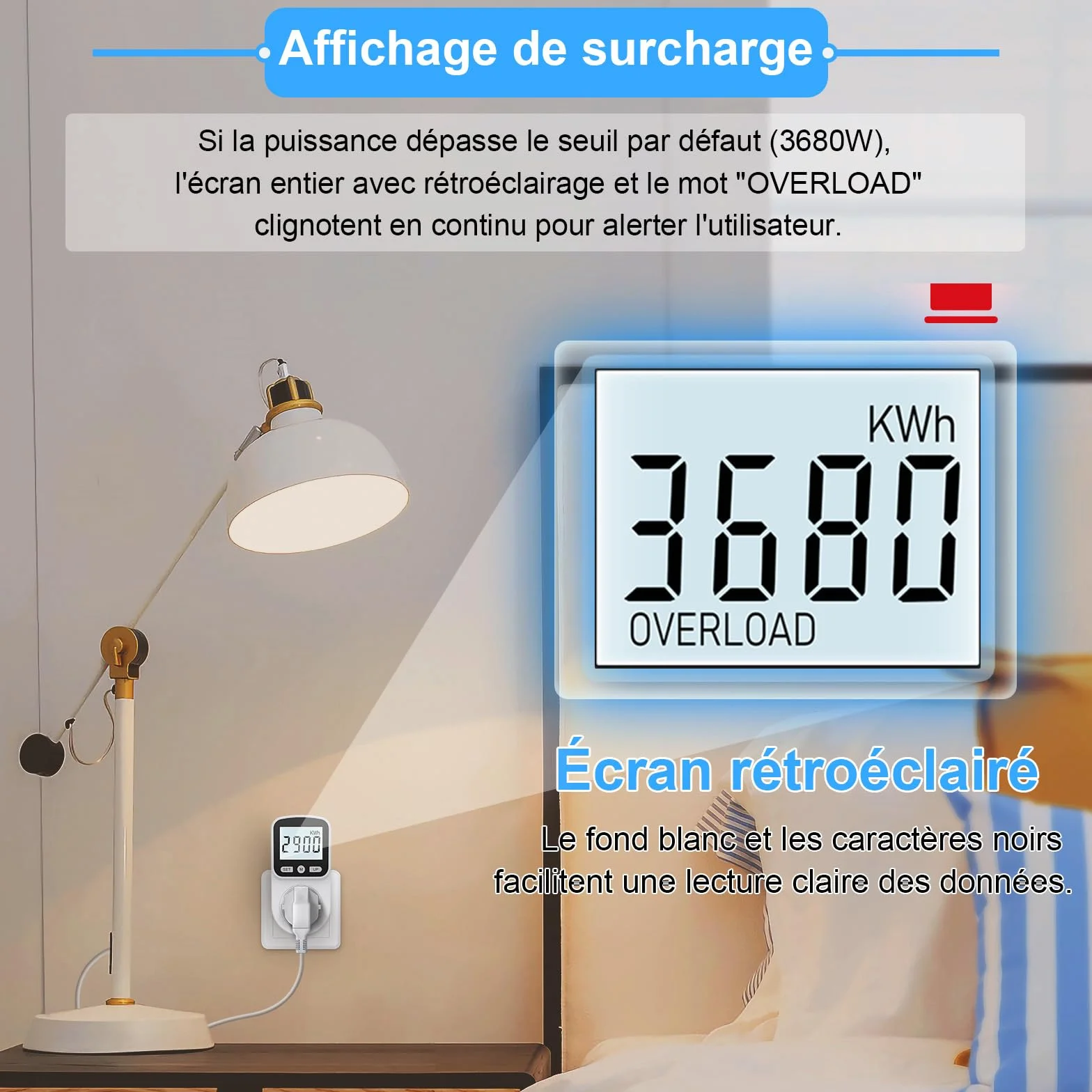 Wattmètre Prise Consommation Electrique, Compteur d'Énergie LCD 3680W Protection Surcharge