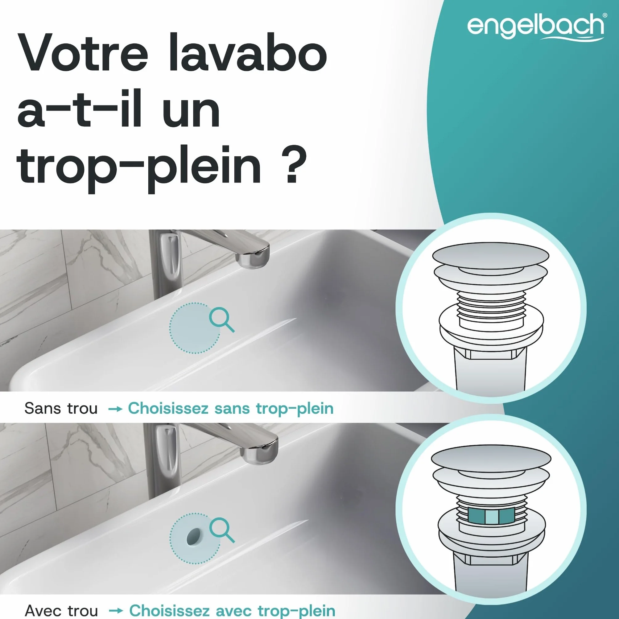Engelbach Bonde de lavabo avec trop-plein Bouchon clic-clac 3 Joints Inclus Modèle Universel