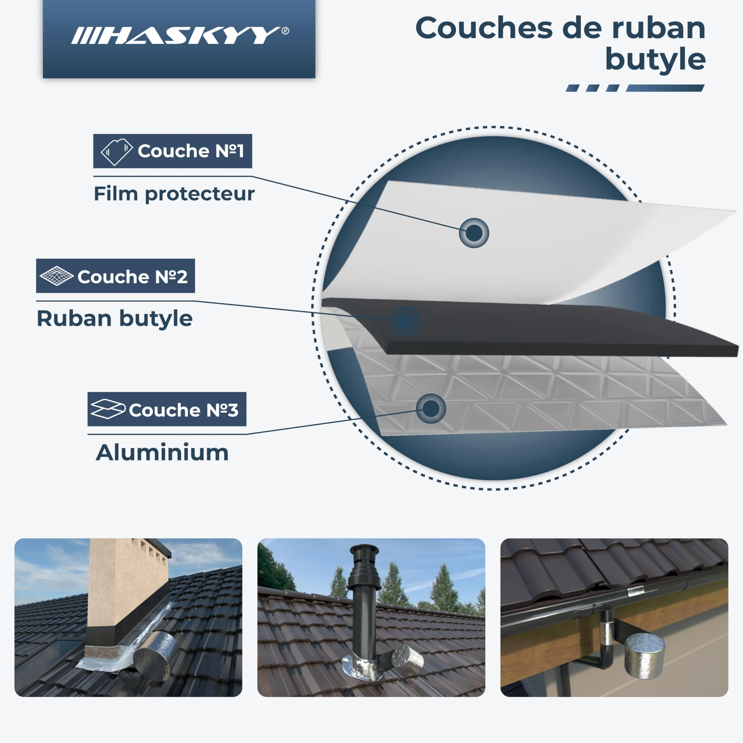 HASKYY Ruban d'étanchéité en butyle 50mm x 5m Bande adhésive aluminium imperméable réparation argent