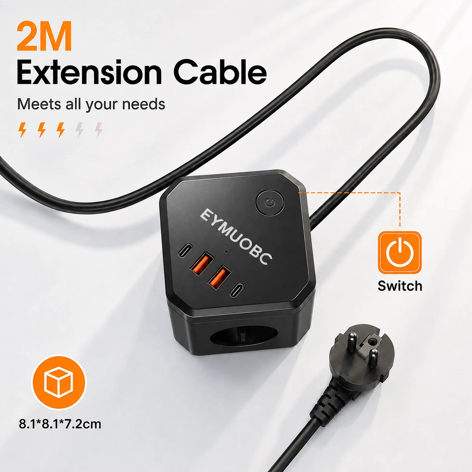 Multiprise 8-en-1 avec USB C PD 20W 3680W et Interrupteur Rallonge Électrique 2M