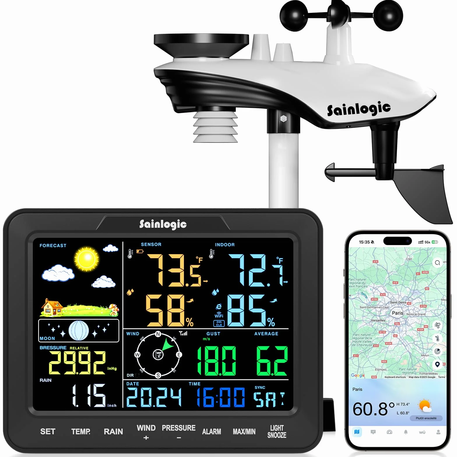 Sainlogic Station Météorologique Intelligente WiFi Sans Fil avec IA Weatherseed® Alerte App Courriel Anémomètre Pluviomètre Stockage 2 Ans