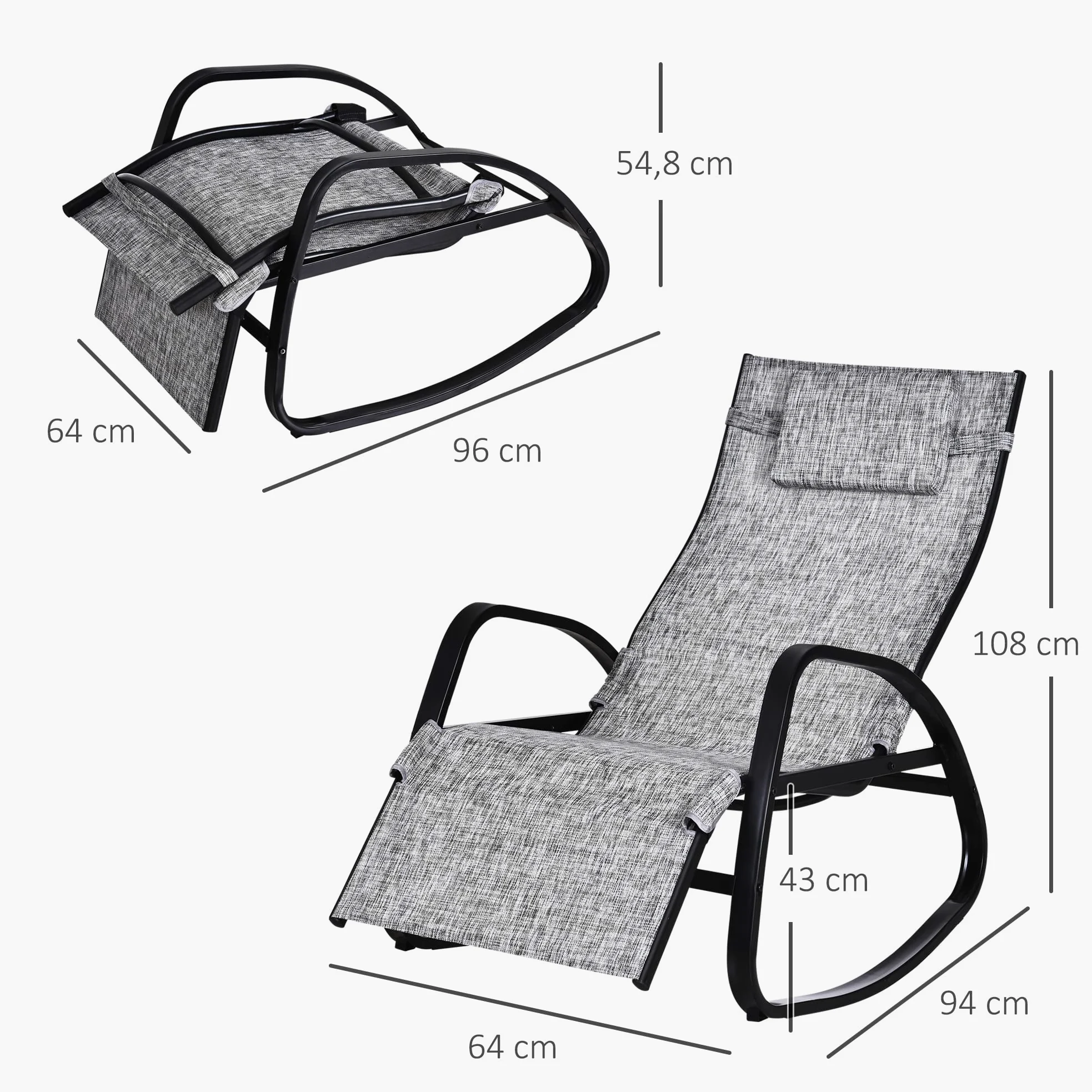 Outsunny Fauteuil à Bascule Dossier inclinable réglable Chaise Longue Pliable dim. 64L x 94l x 108H cm métal époxy Noir textilène Gris chiné