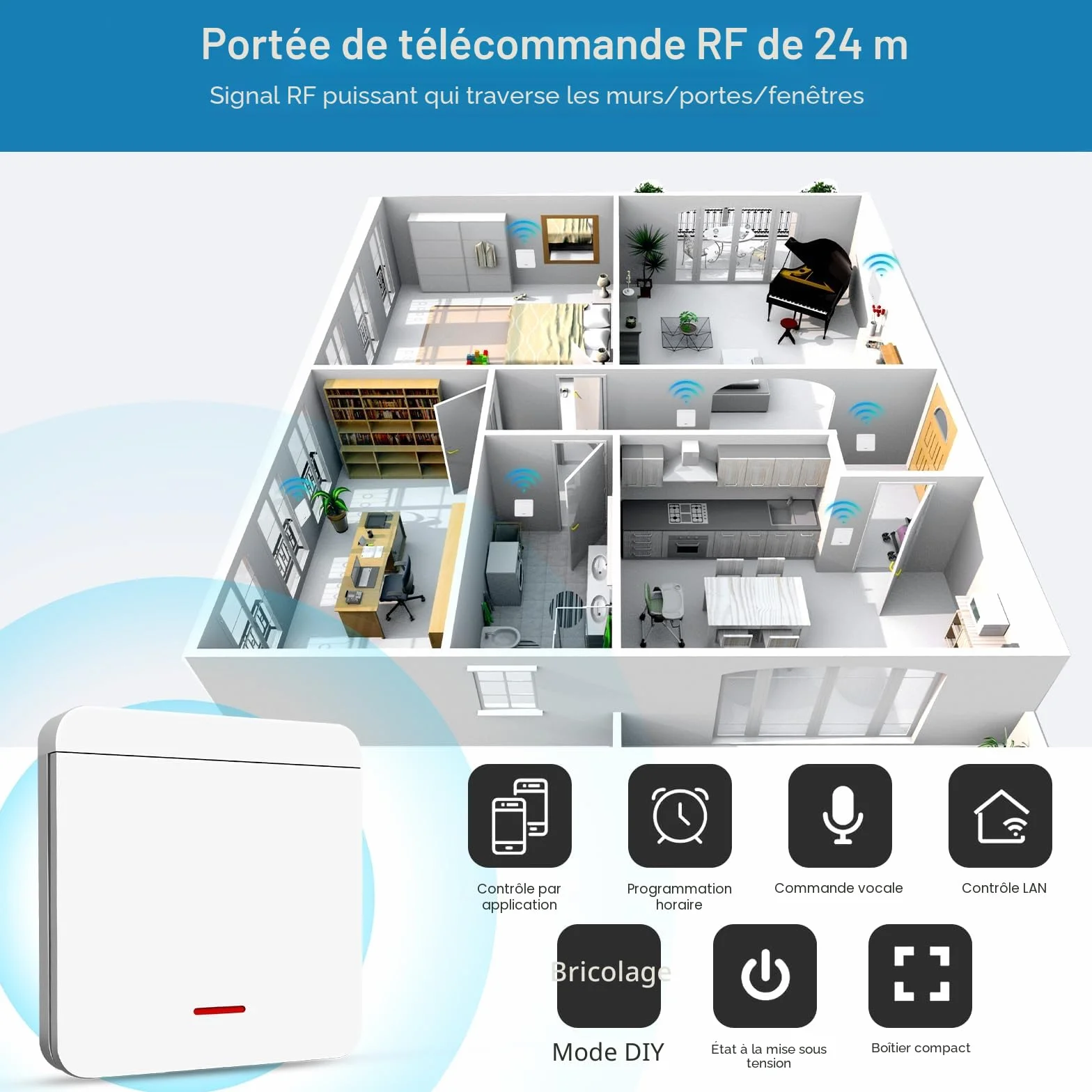 Interrupteur d'éclairage sans fil 10 A 1500 W avec récepteur de sécurité
