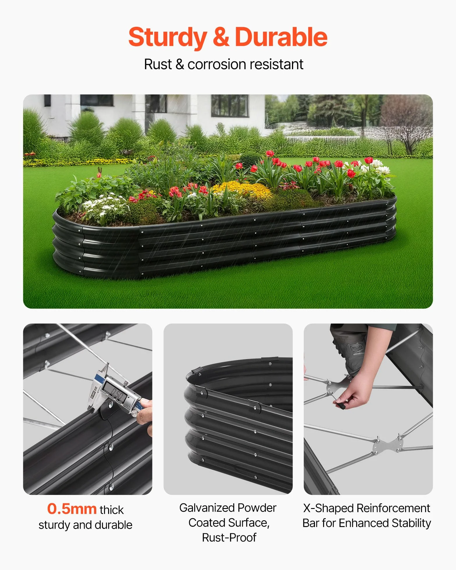VEVOR Potager Surélevé Métal 240x60x29 cm Carré Galvanisé Gris Foncé