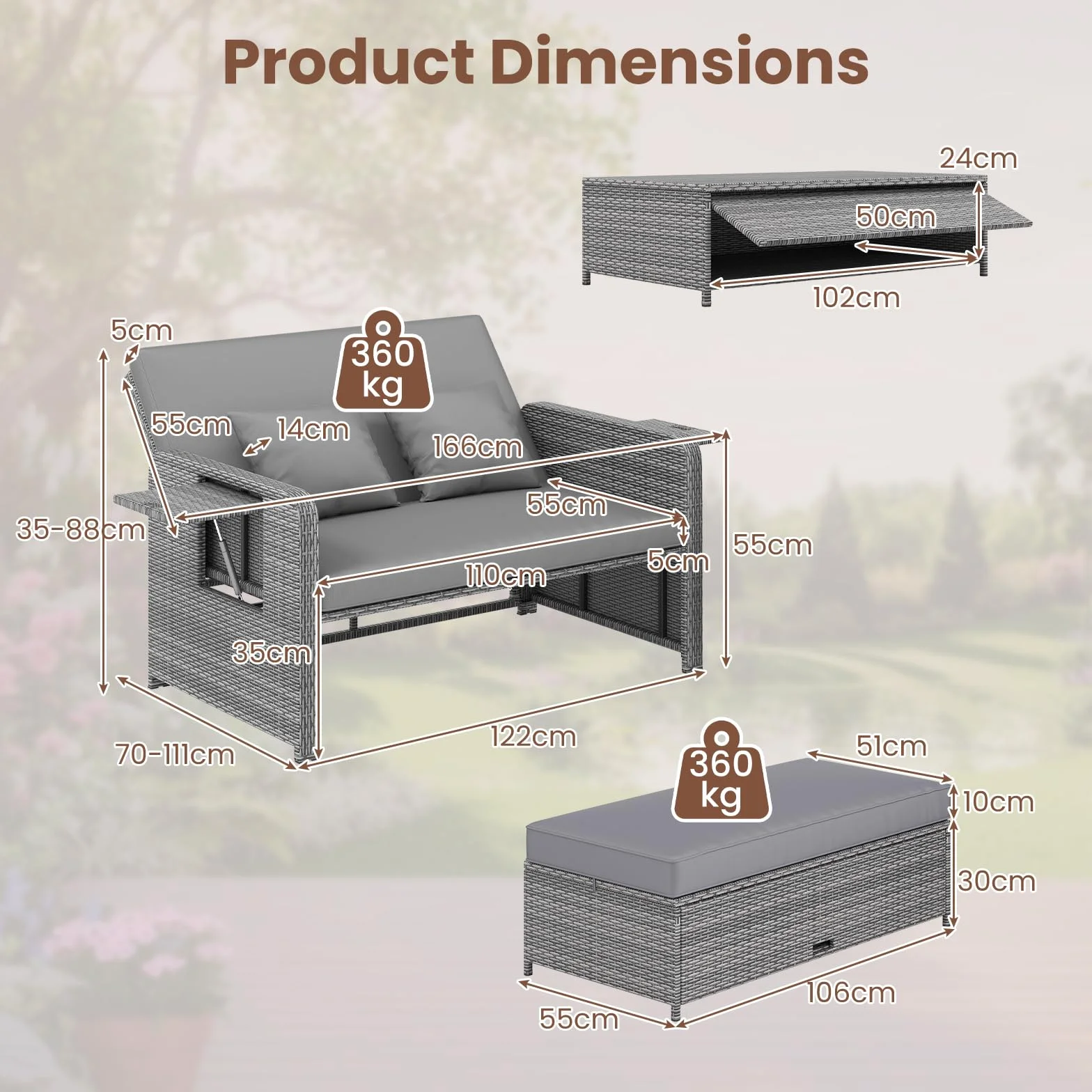 GIANTEX Canape Exterieur Jardin 2 Pièces, Canapé de Jardin 2 Places en Rotin PE, Ottoman de Rangement, Dossier Réglable, Tables d'Appoint Rétractables, Coussins Doux, pour Porche, Patio, Gris