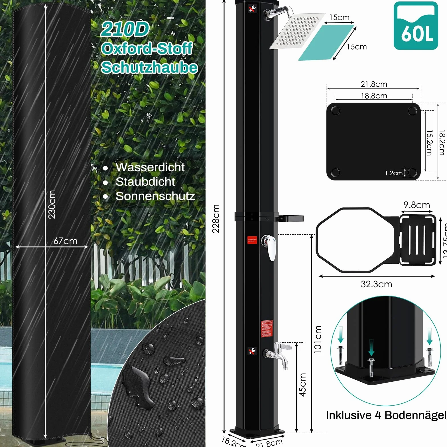 Douche Solaire 60L avec Pommeau et Robinet, Jusqu'à 60° sans Raccordement Électrique pour Piscine