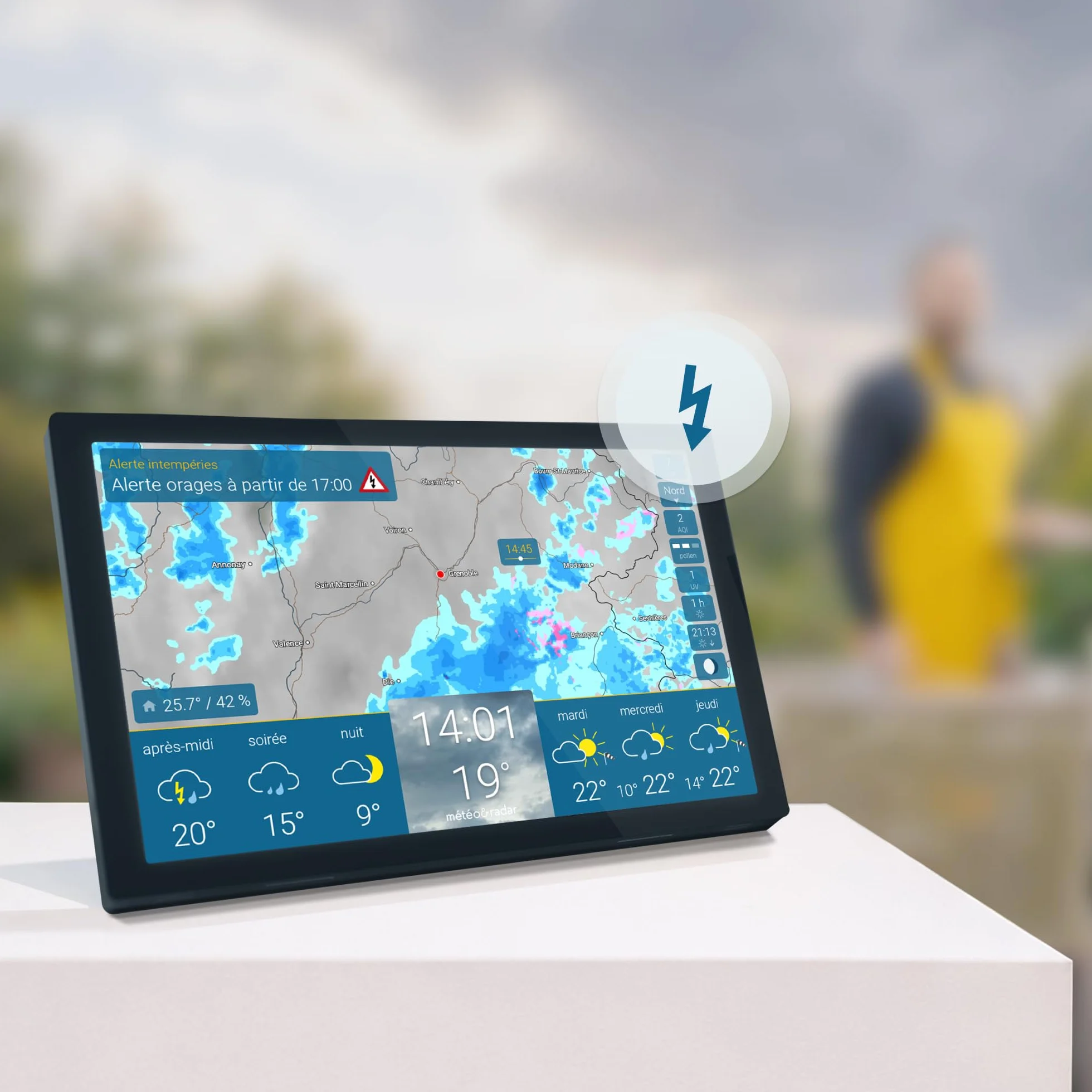 Station météo Wi-Fi avec radar météo, écran grand, alertes intempéries, prévisions 14 jours