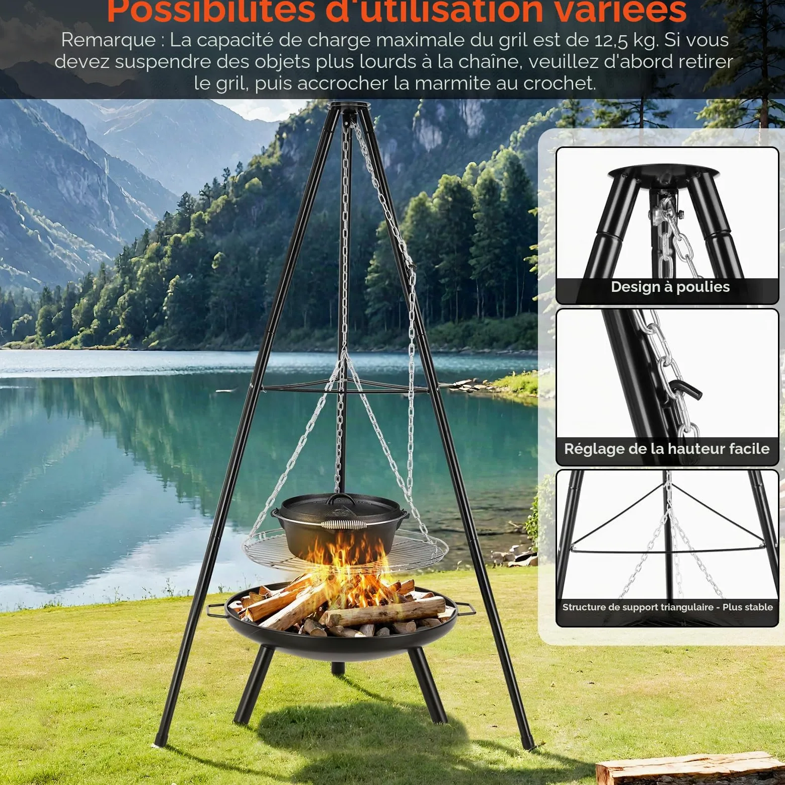 TLSUNNY Barbecue Pivotant avec Brasero, Barbecue Trépied avec Chaîne, Barbecue Charbon de Bois, Réglable en Hauteur de 200 cm, Ø68 cm Brasero avec Poignée, Foyer Extérieur pour Griller et Chauffer
