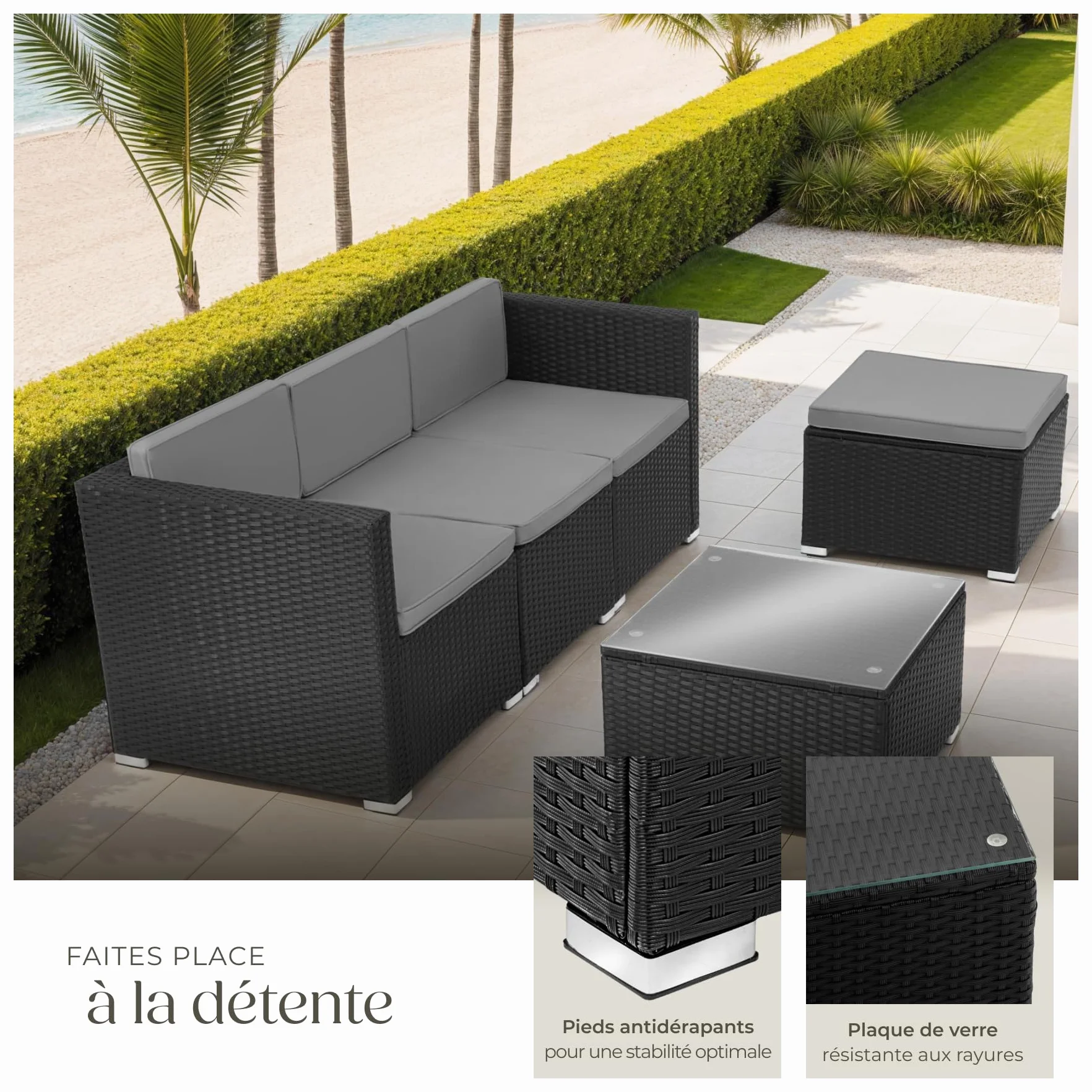 Tectake Ensemble Salon de Jardin Exterieur en Poly Rotin Modulable 4 Places 3 Fauteuils 1 Pouf 1 Table
