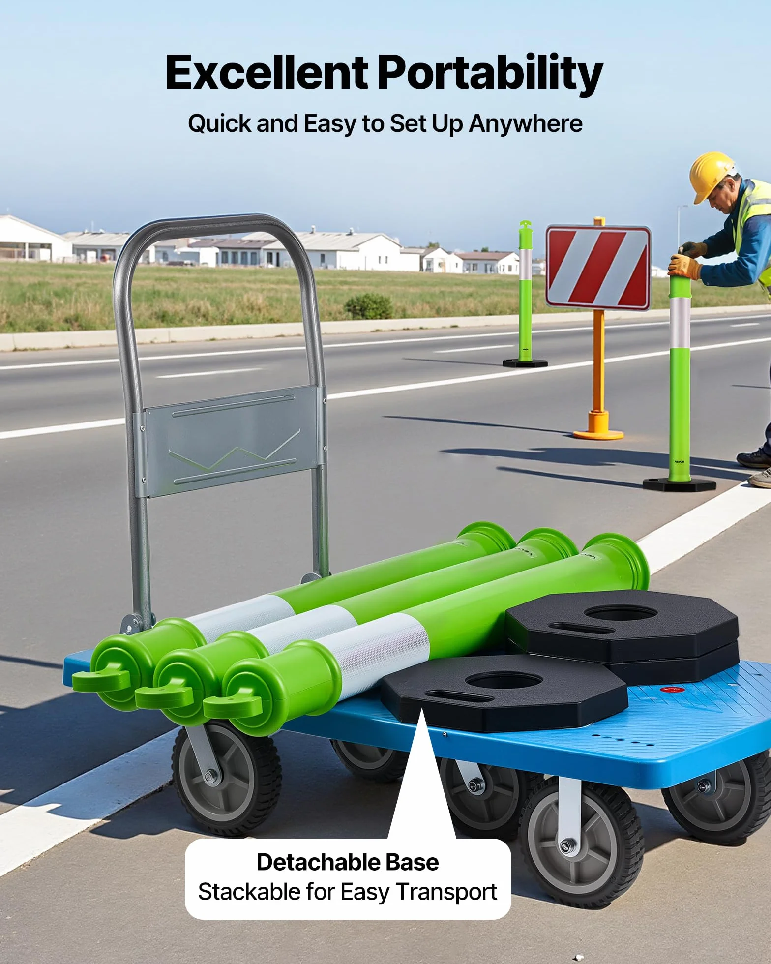VEVOR Poteau de Signalisation 114 cm, Balise de Délimitation avec Base Lestée et Bandes Réfléchissantes, Vert