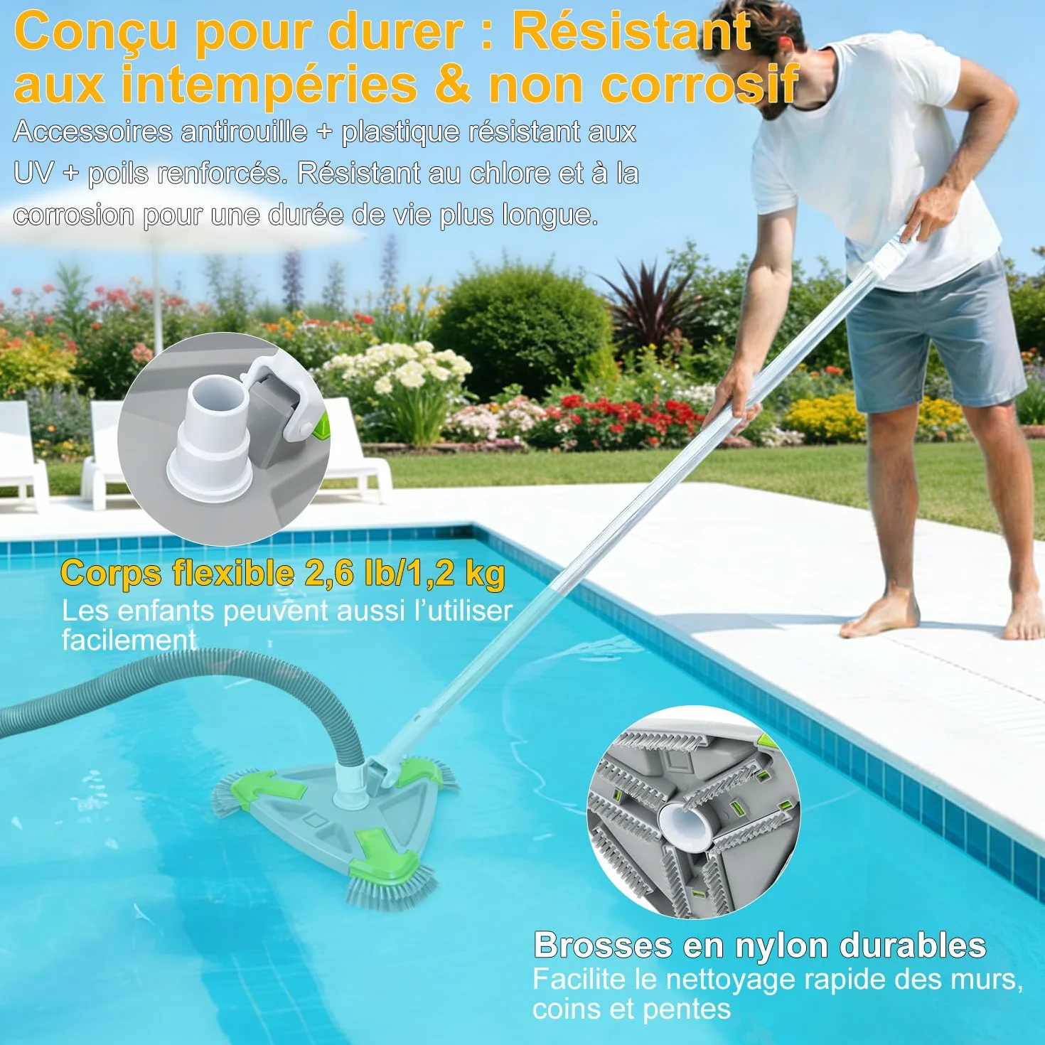 Brosse Piscine Triangle 35cm Raccord Aspiration 32/38mm pour Piscine Hors Sol & Enterrée