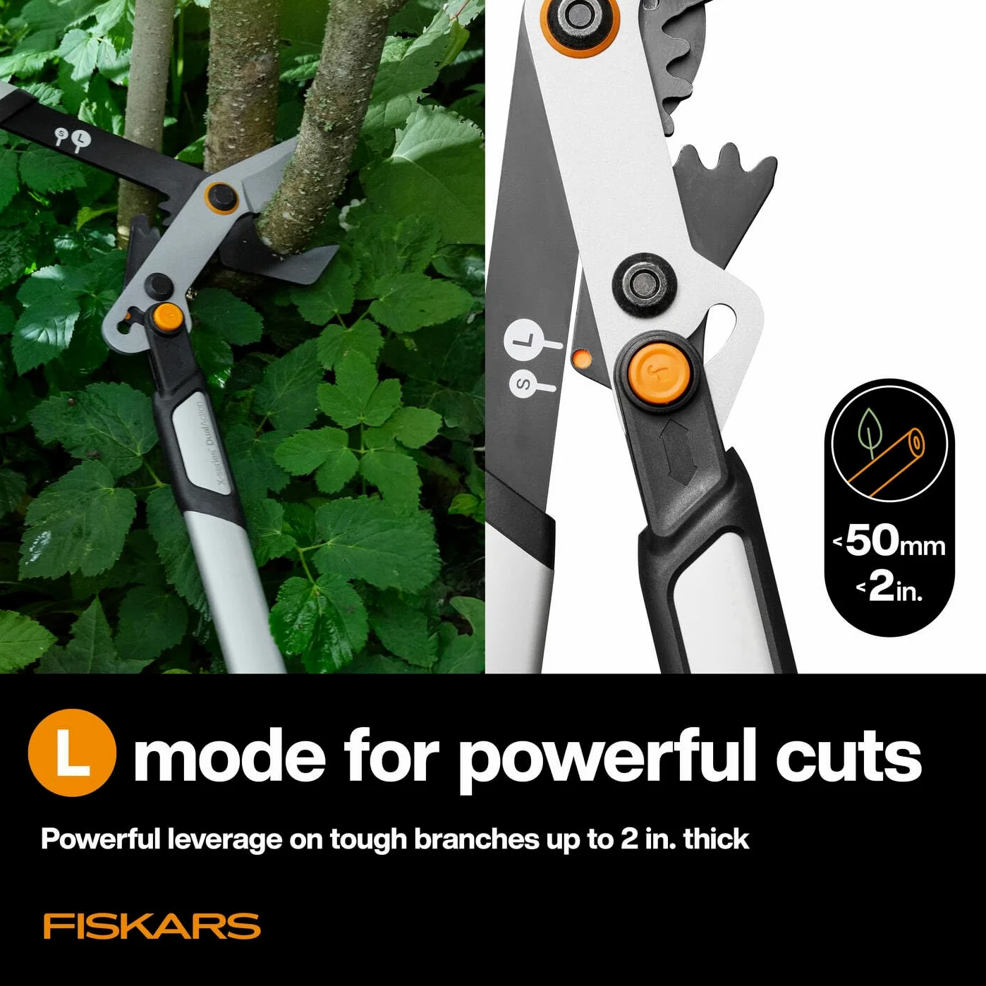 Fiskars X-Series DualAction Sécateur Bypass LX108, Mode 2-en-1 pour des Coupes Rapides ou Puissantes, Lames en Acier Antiadhésif/Bras en Aluminium Léger avec Poignée Souple, Noir/Orange, 1080133