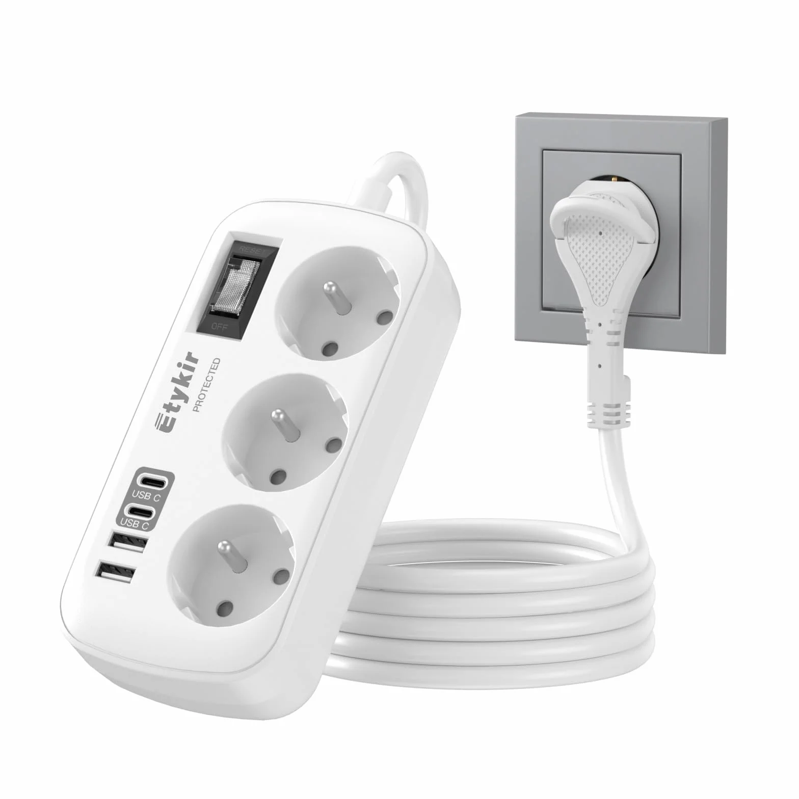 Multiprise Plate avec Interrupteur, 4 USB (2 USB-C), Parafoudre et Surtension, Rallonge 1,5 m Blanc