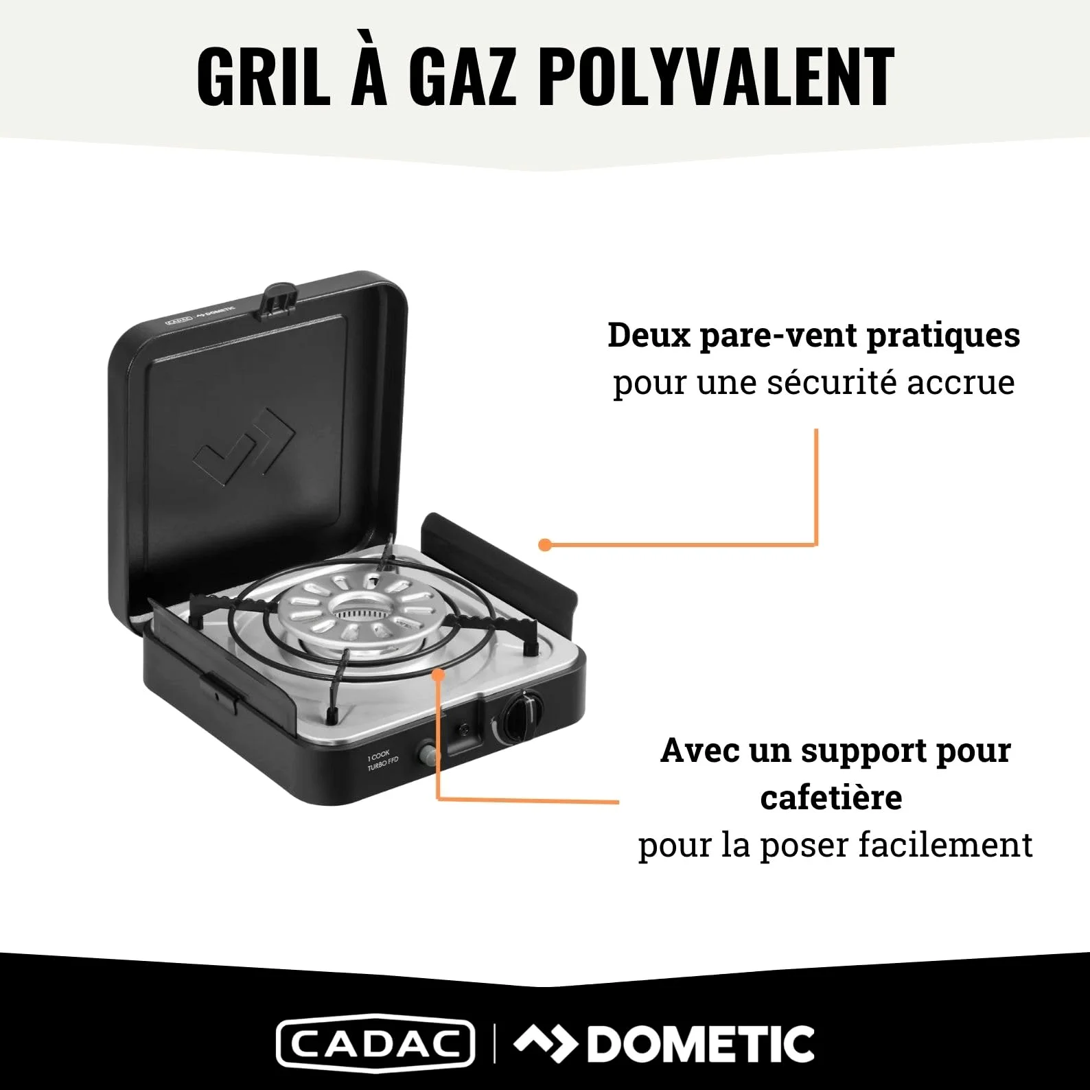 CADAC - 1 Cook Turbo FFD Flat Plate - barbecue - Barbecues portables - Surface de cuisson en acier inoxydable - Incl. Housse de protection - Camping - Les incontournables du barbecue - Noir