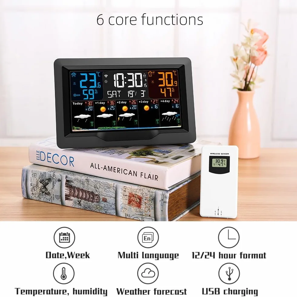 Station météo sans fil Wi-Fi intérieure extérieure avec prévisions 5 jours écran luminosité réglable capteur température humidité
