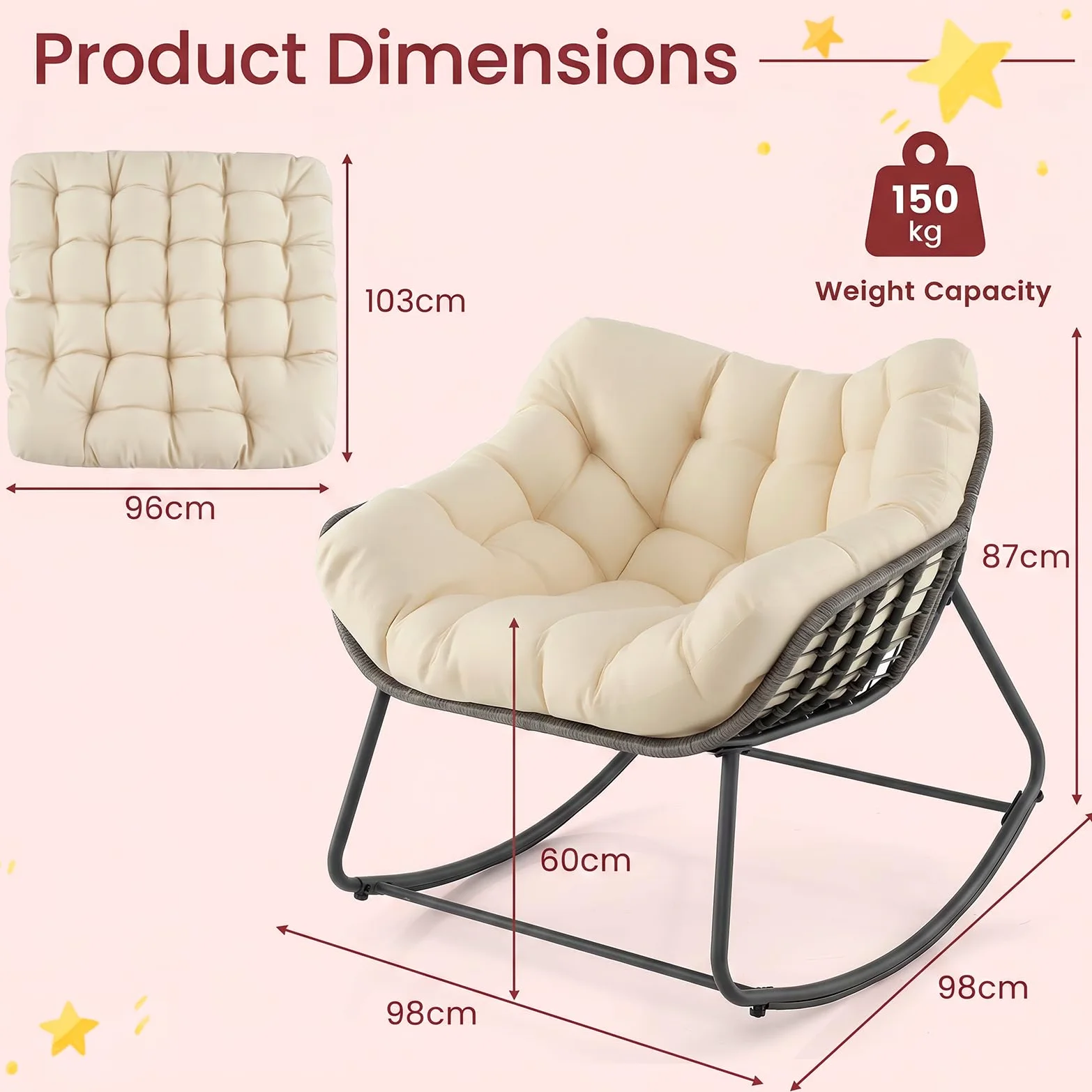 SOARS Fauteuil à Bascule de Jardin, Chaise à Bascule Papasan en Rotin avec Coussin Rembourré et Amovible, Cadre en Métal, Charge 150 KG, pour Intérieur et Extérieur, Salon Balcon Terrasse, Beige