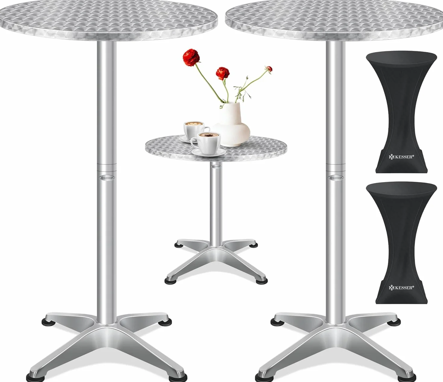 KESSER Table de bistrot 2 en 1 aluminium acier inoxydable hauteur réglable 70/115 cm ronde intérieur extérieur housse incluse argenté
