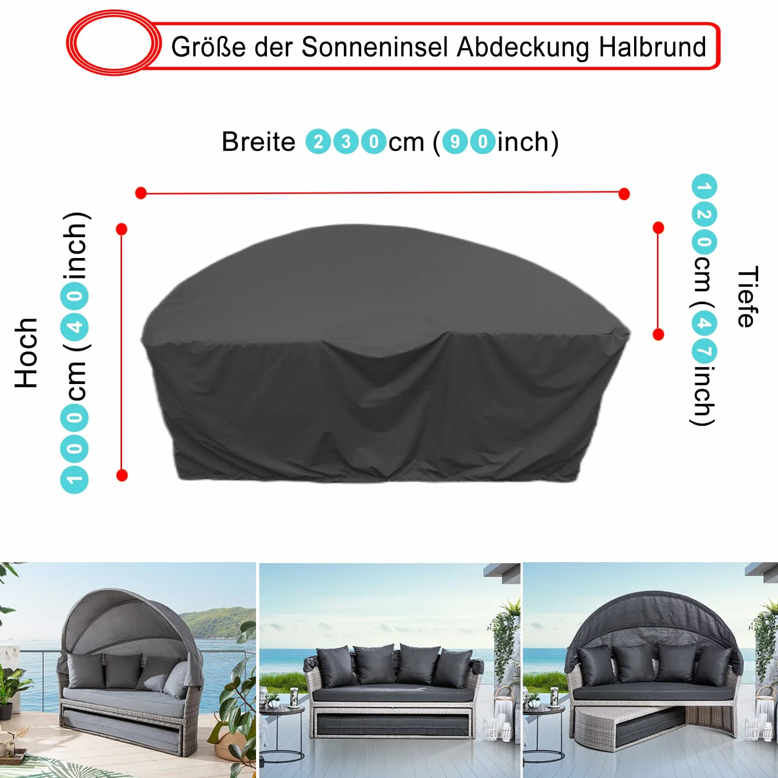 Housse Lit de Jardin Demi Cercle 600D Imperméable Anti-Vent avec Bandoulière Noir 230x120x100cm