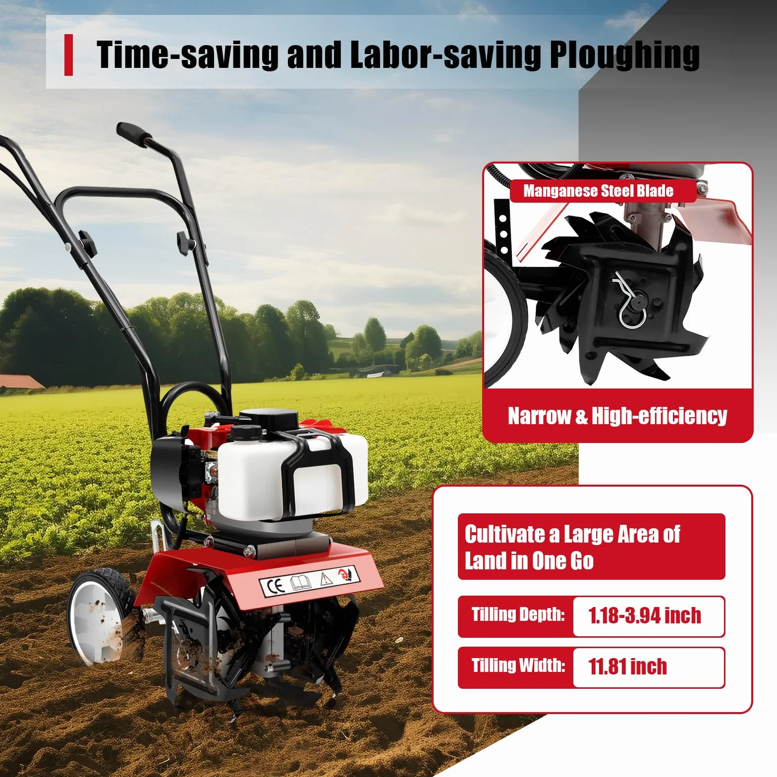 Motoculteur à Essence 52 cc - Moteur à 2 Temps - Mini Labour - Cultivateur Professionnel