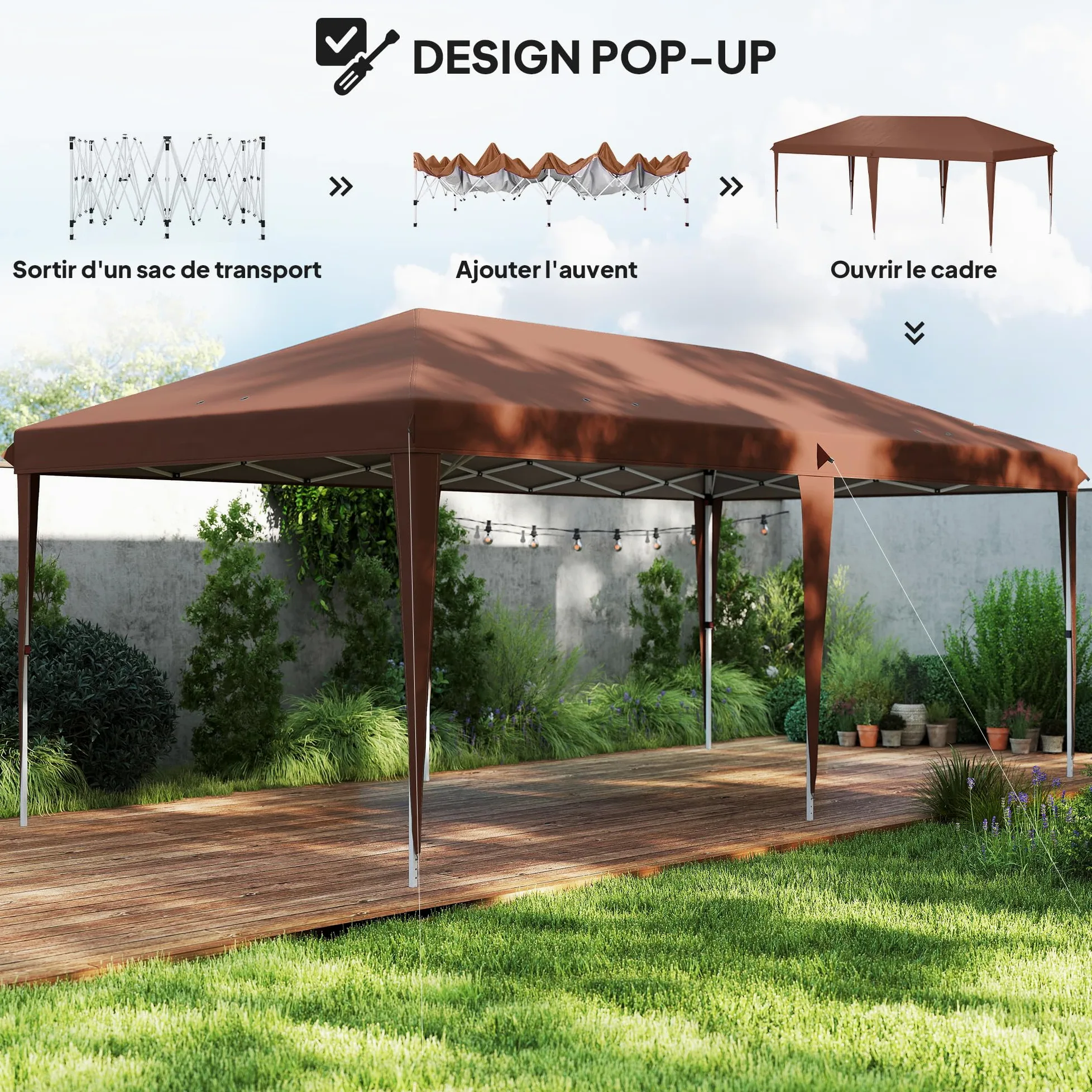 Outsunny Tonnelle Pliante 3x6m tonnelle de Jardin extérieur Barnum de Jardin Pop-up Pliant Sac Inclus Acier époxy Oxford Haute densité Marron