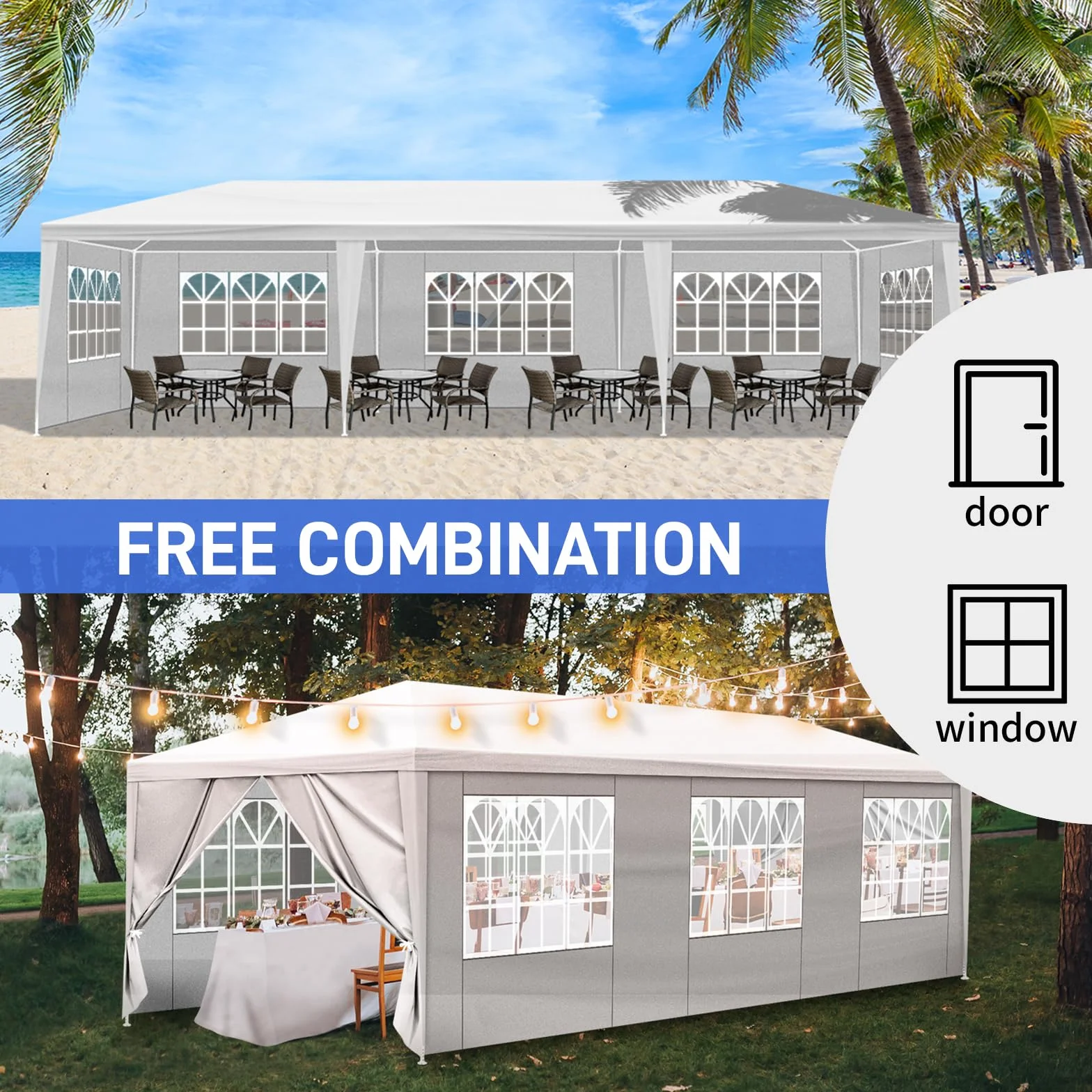 Bonnlo Tonnelle de Jardin 3x9m avec 8 Parois Latérales imperméable avec 6 fenêtres Tente de Réception en Toile PE Tubes Spiralés en Fer Barnum Blanc pour Camping Mariage Parking Fête