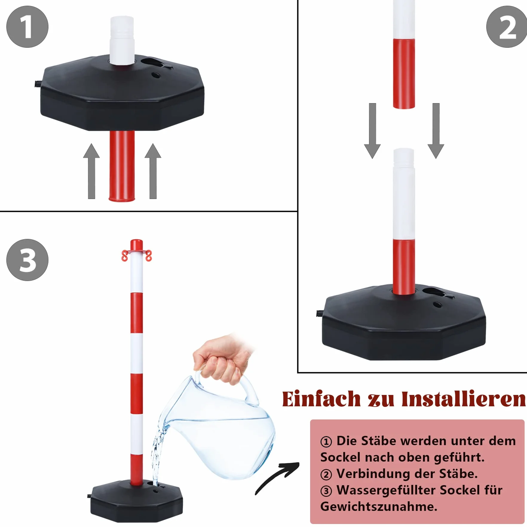 Lot de 2 poteaux de chaîne en plastique 82 x 28 x 28 cm avec chaînes 1,4 m rouge+blanc