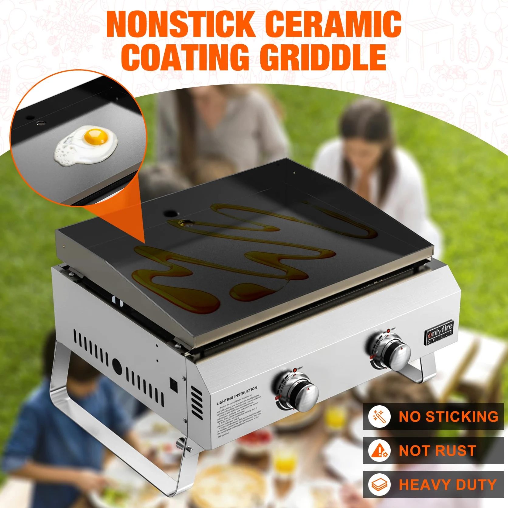 onlyfire Plancha à Gaz de Table en INOX, Barbecue Gaz avec 2 Brûleurs 4.7kW, Plancha 46x36cm avec Revêtement en Céramique Antiadhésif, Pieds Pliables pour Terrasse, Balcon et Camping