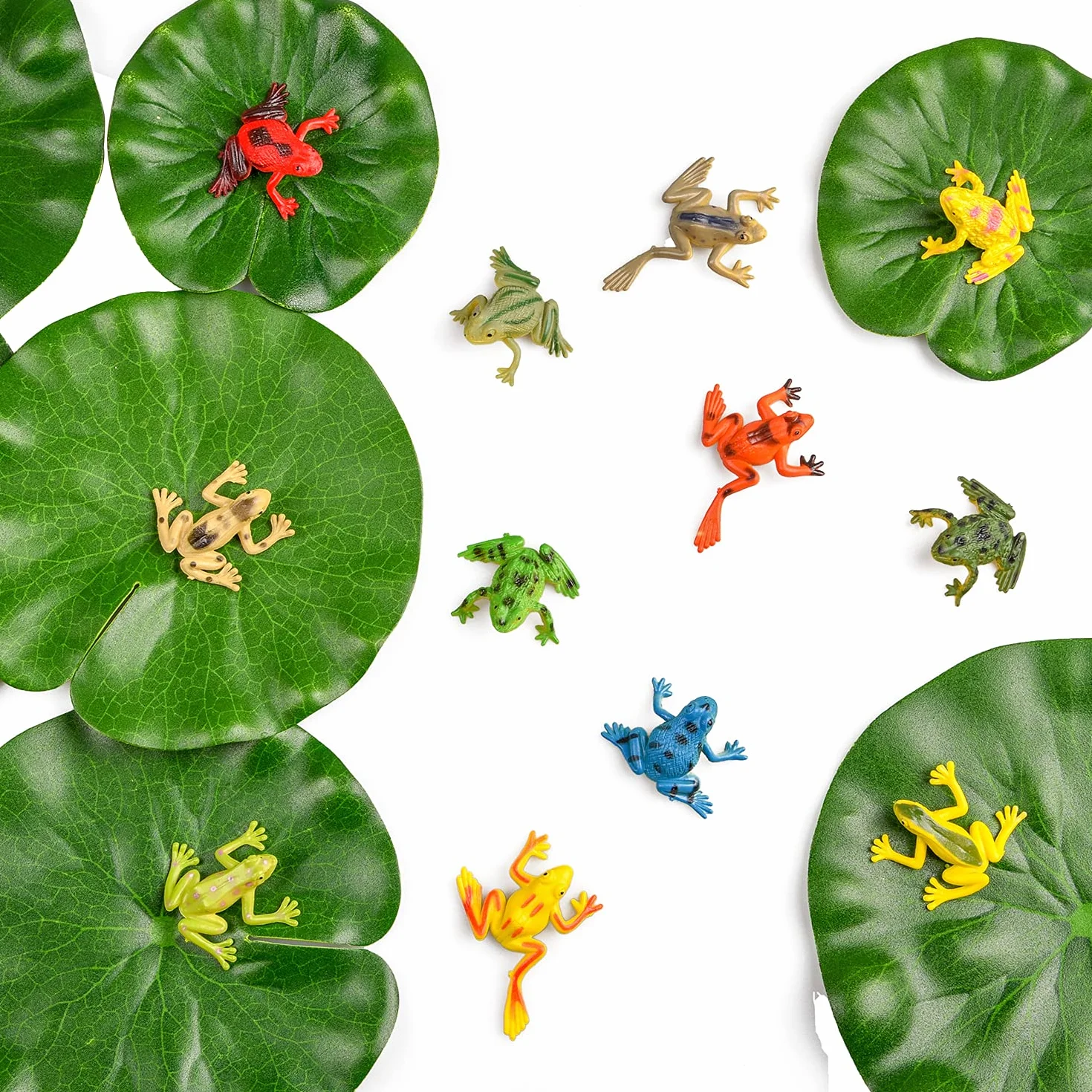 Lot de 20 grenouilles en plastique - 12 grenouilles colorées - 8 feuilles de lotus artificielles flottantes pour étang, piscine, loisirs créatifs