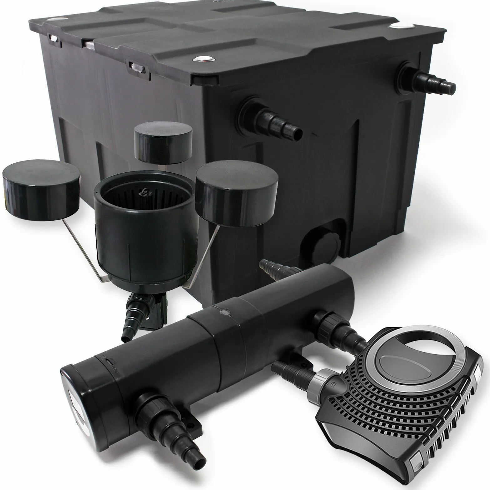 Wiltec Kit complet: CBF-550 Filtre de bassin jusqu'à 60000 L Biologique, NEO10000 pompe de filtration 10000l/h 80W, CUV-236 lampe uv UVC Clarificateur avec 36W, CSP-250 Écumeur 2500l/h 45W