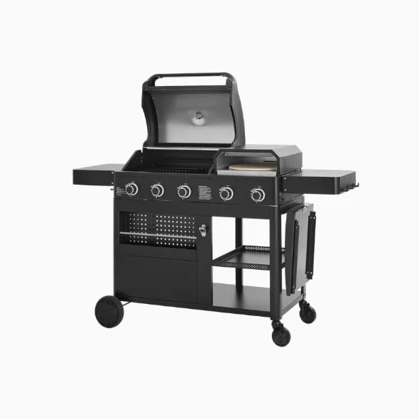 Cook'in Garden - Barbecue Gaz FLAMY, 3 en 1, Plancha + Four à Pizza + barbecue gaz 3 brûleurs, Grilles en fonte émaillée