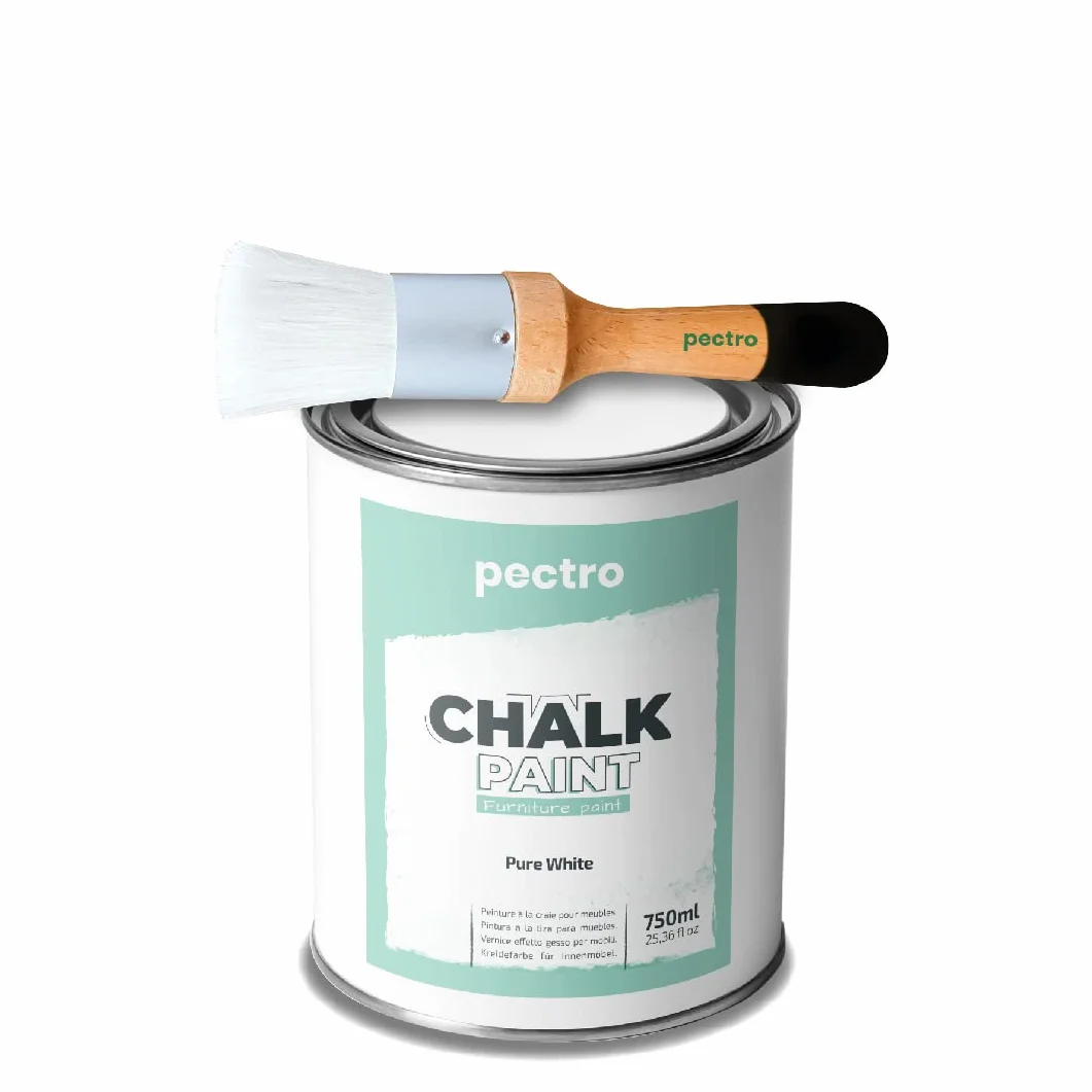 PECTRO Peinture à la Craie pour Meuble Bois 750ml + Brosse Spéciale - Pack Chalk Paint Effet Craie Vintage Finition Mate (Blanc Pur)