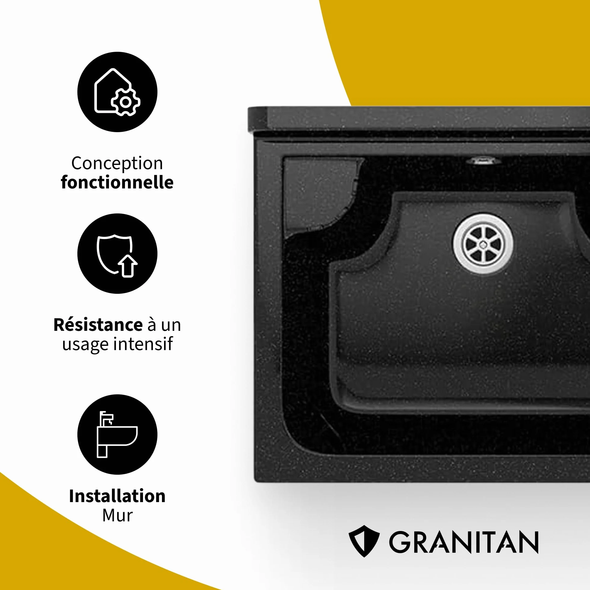 Évier extérieur Buanderie Lavabo extérieur siphon polypropylène noir GRANITAN